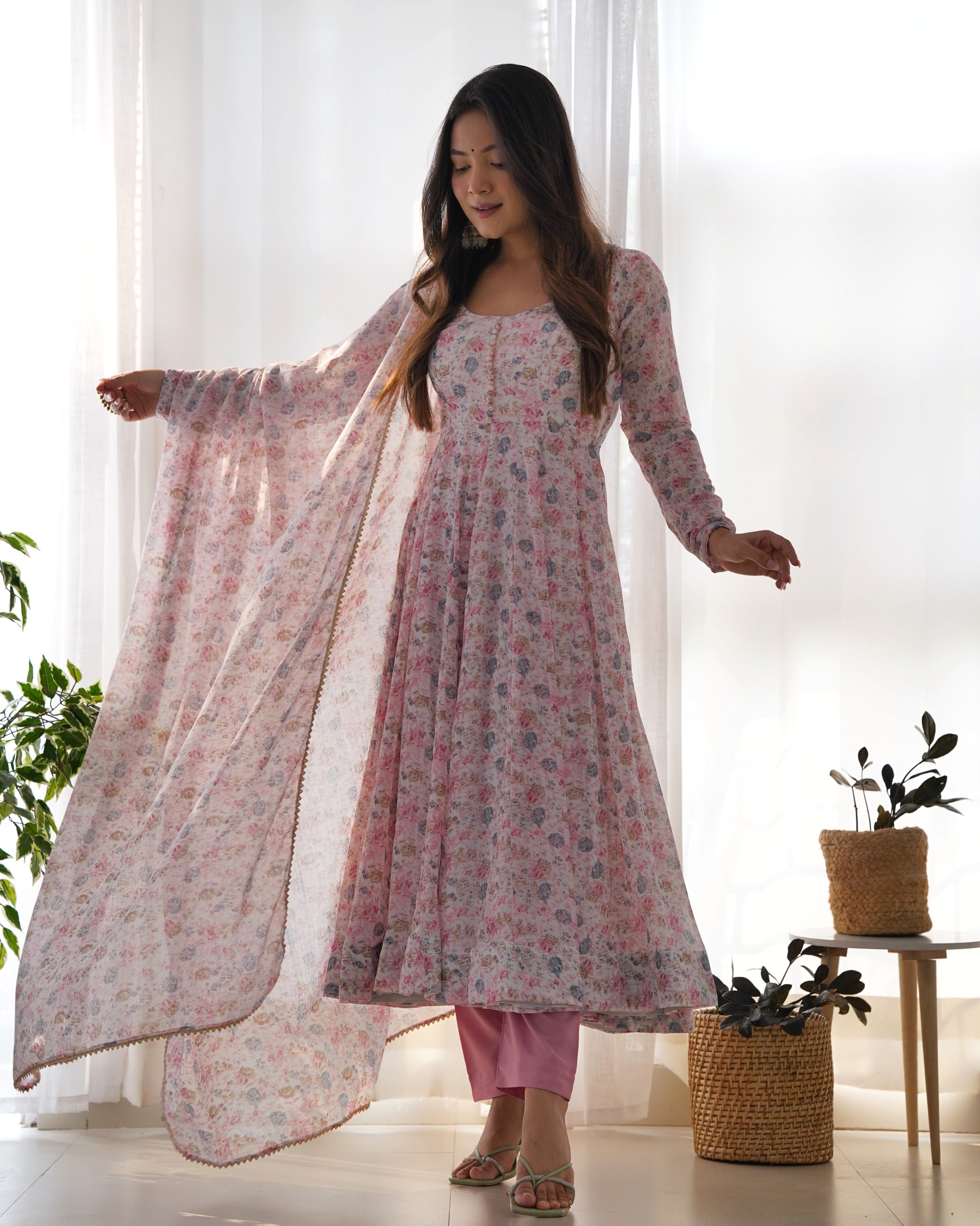 Heavy Orange Chiffon Floral Print Printed Anarkali Set – White Pink