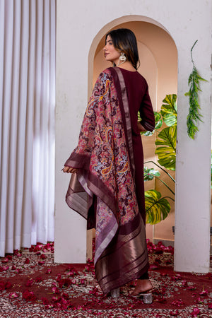 Marina Viscose Silk Embroidered Straight Kurti Set – Wine