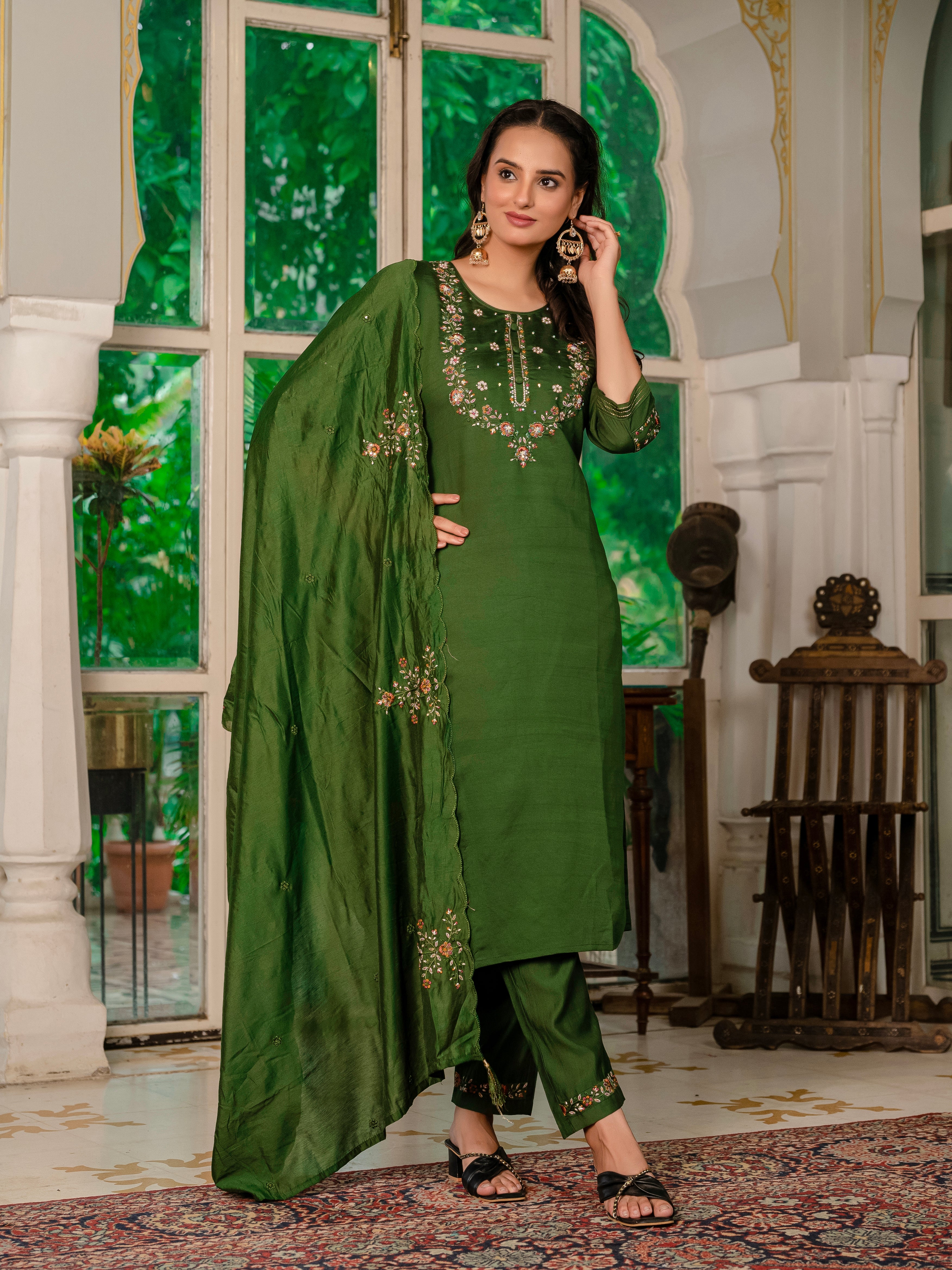 Marina Silk Embroidered Straight Kurti Set – Mehndi Green