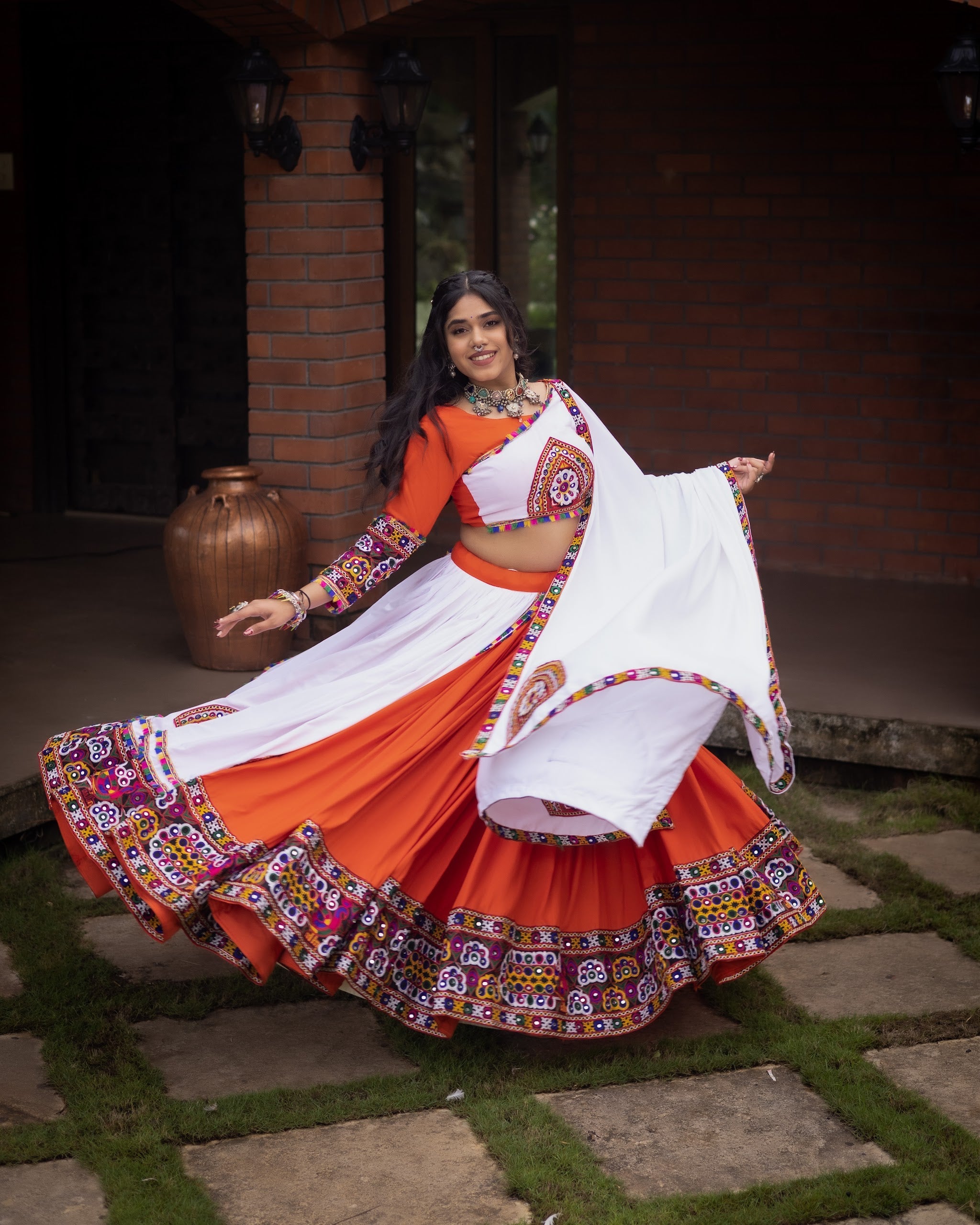 Navratri Orange White Arches Patch Work Lehenga Set