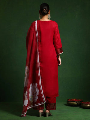 Pv Chanderi Embroidered Kurta Pant Dupatta Set – Red