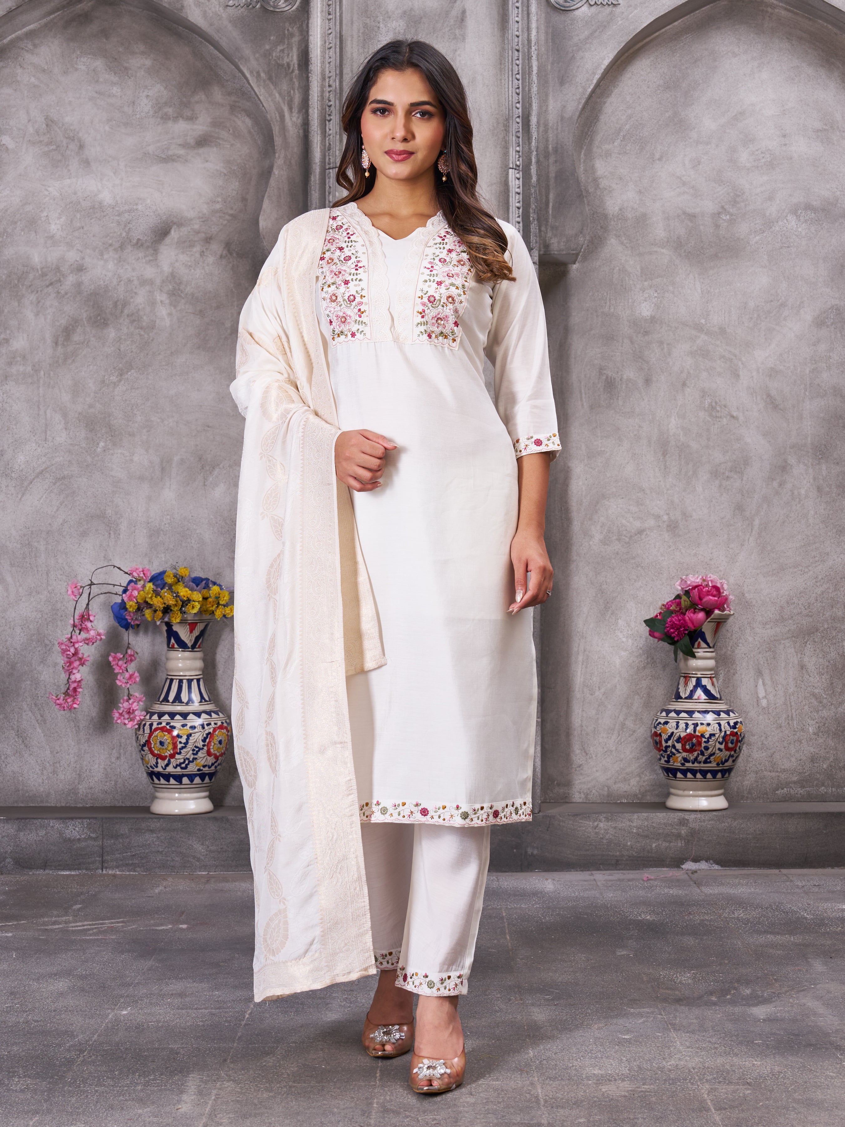 Roman Silk Embroidered Straight Kurti Set – White
