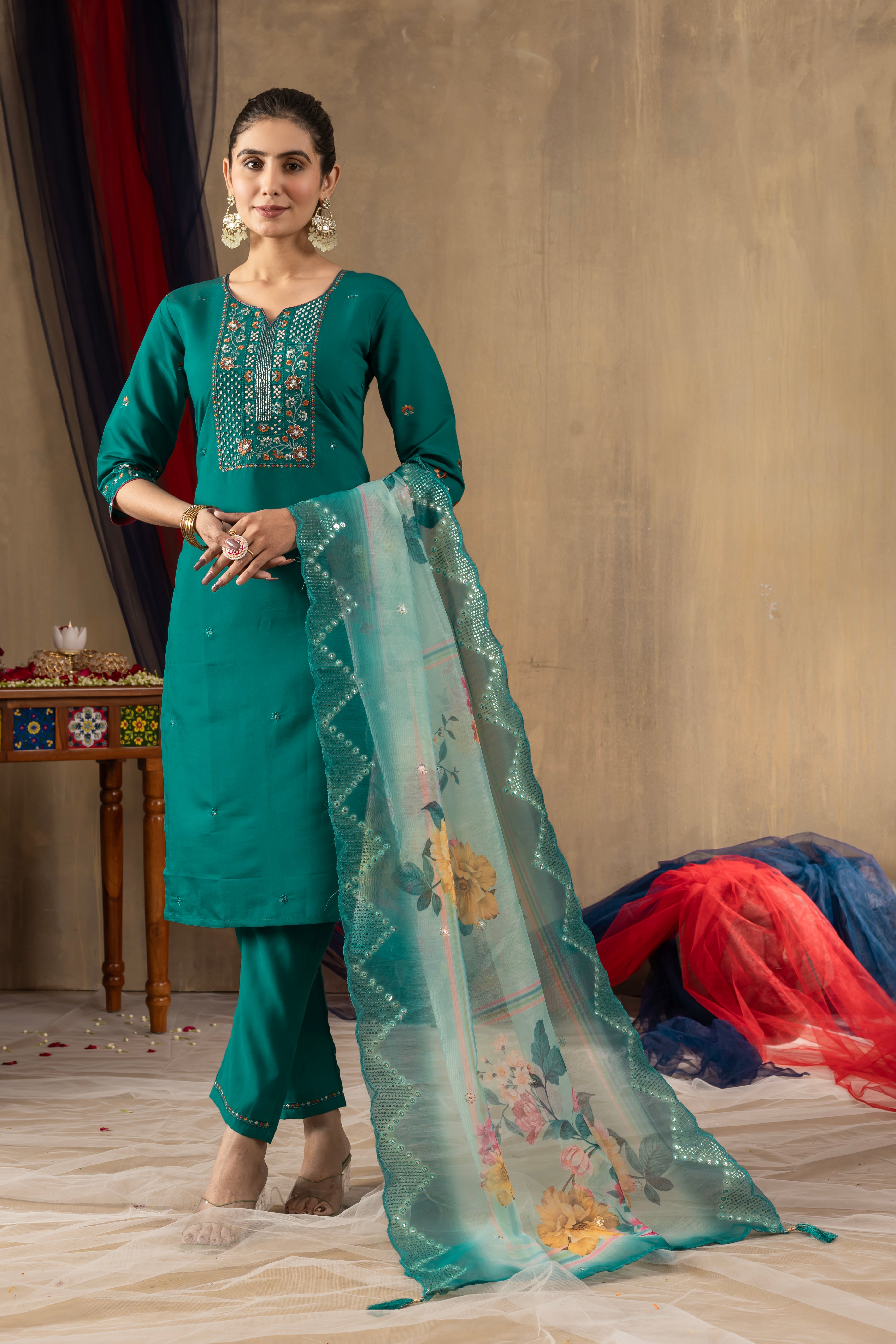 Roman Silk Embroidered Straight Kurti Set – Rama Green