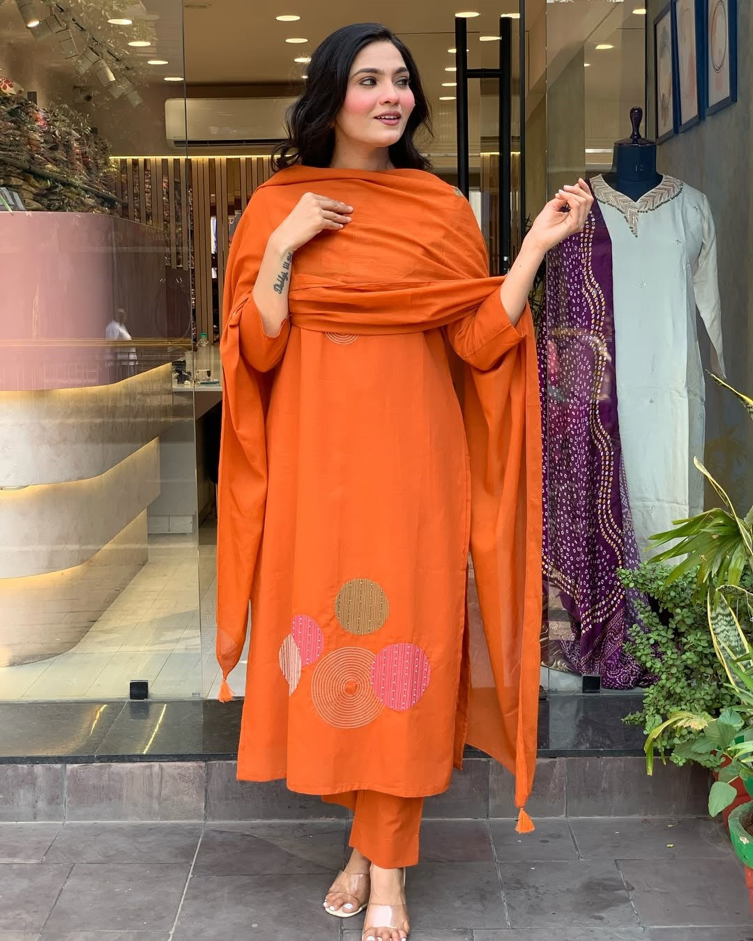 Rayon Slub Embroidered Kurta Pant Dupatta Set – Orange