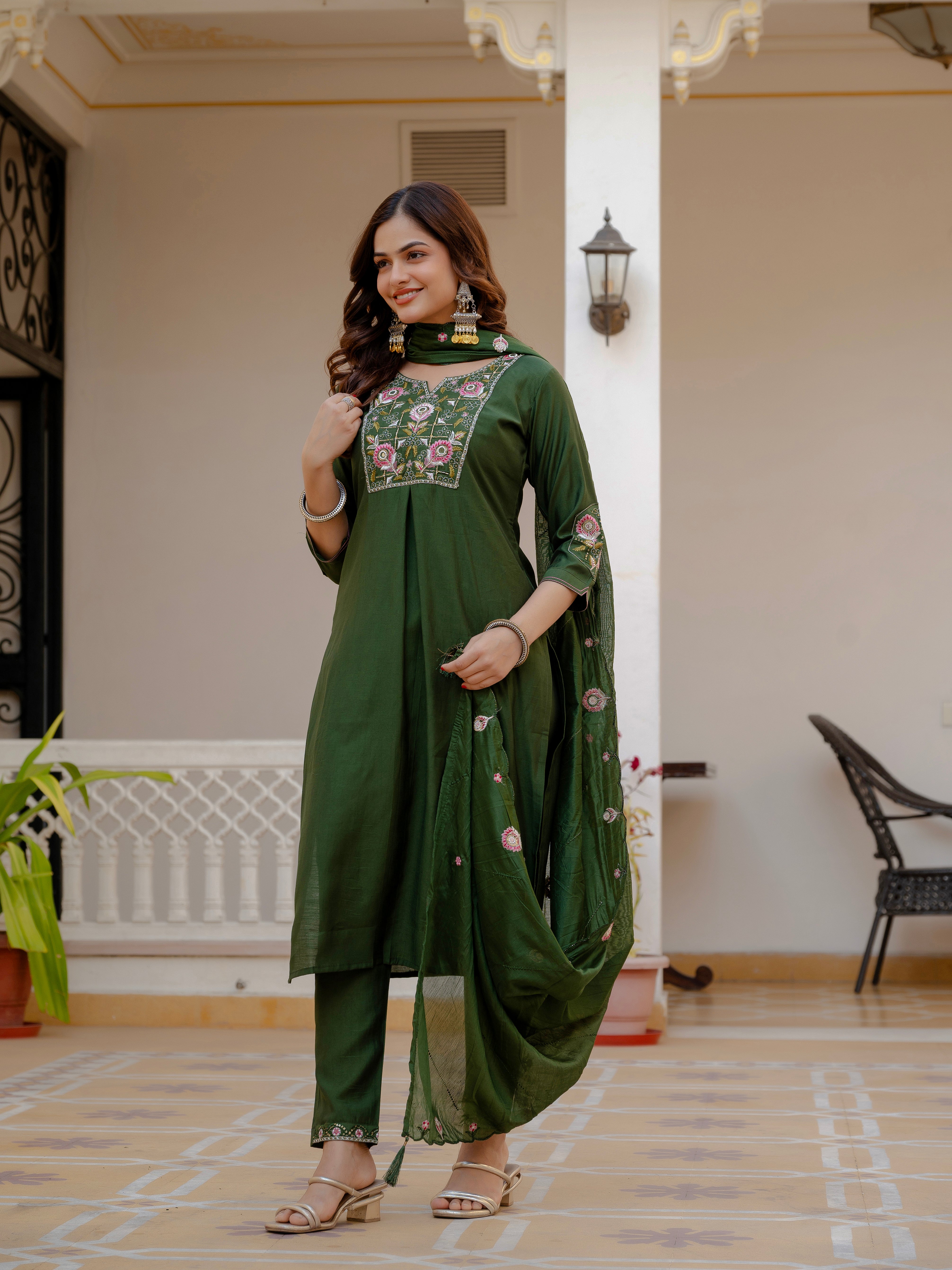 Pure Viscose Mango Silk Embroidered Straight Kurti Set – Green