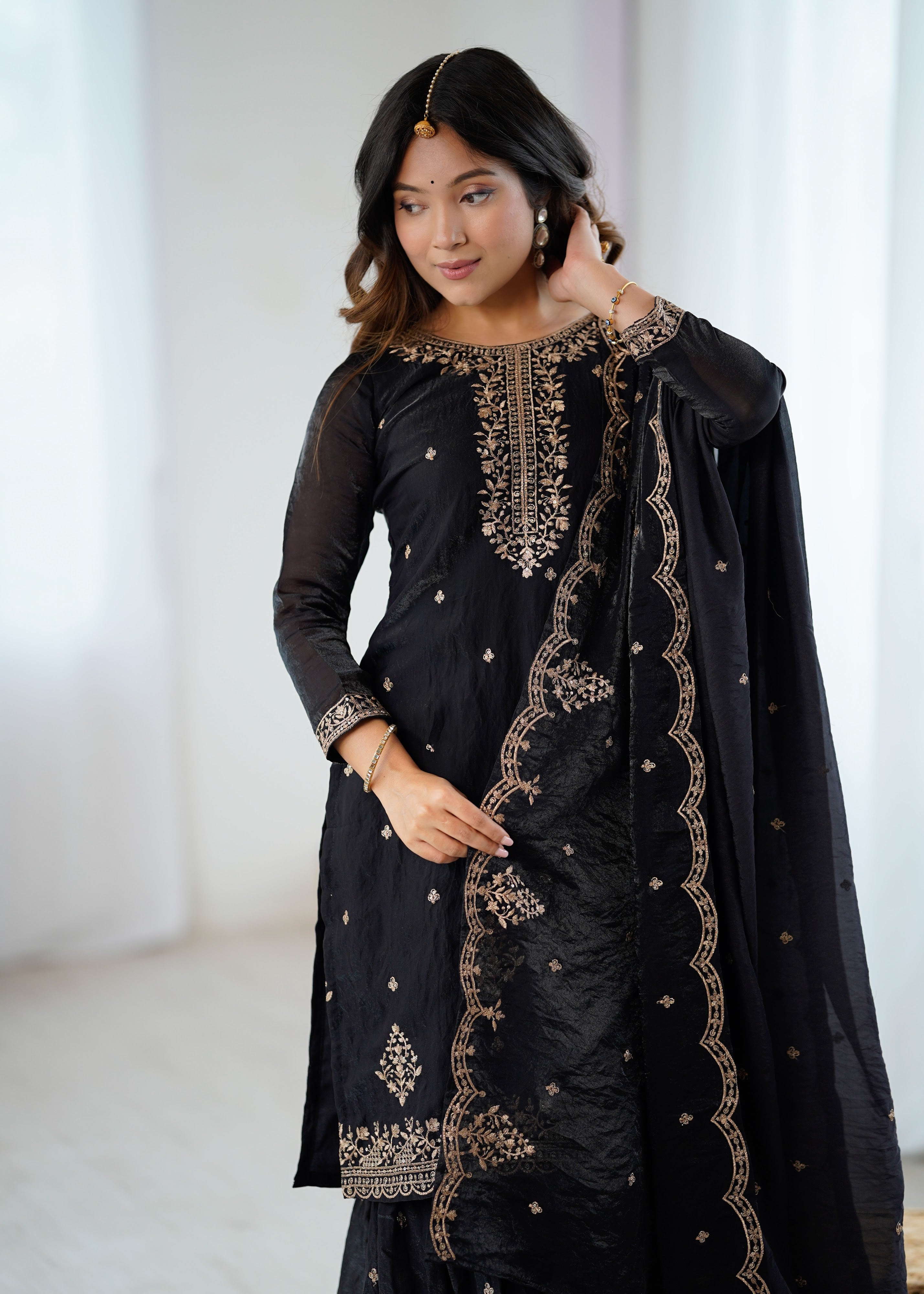 Crunchy Silk Embroidered Kurta-Sharara Set – Black