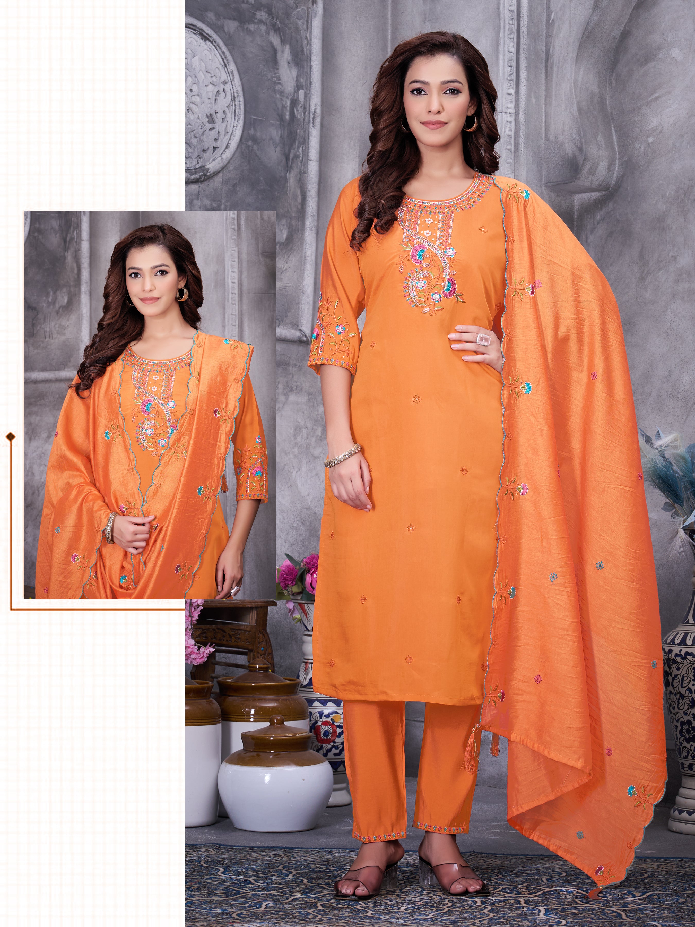 Roman Silk Embroidered Straight Kurti Set – Orange