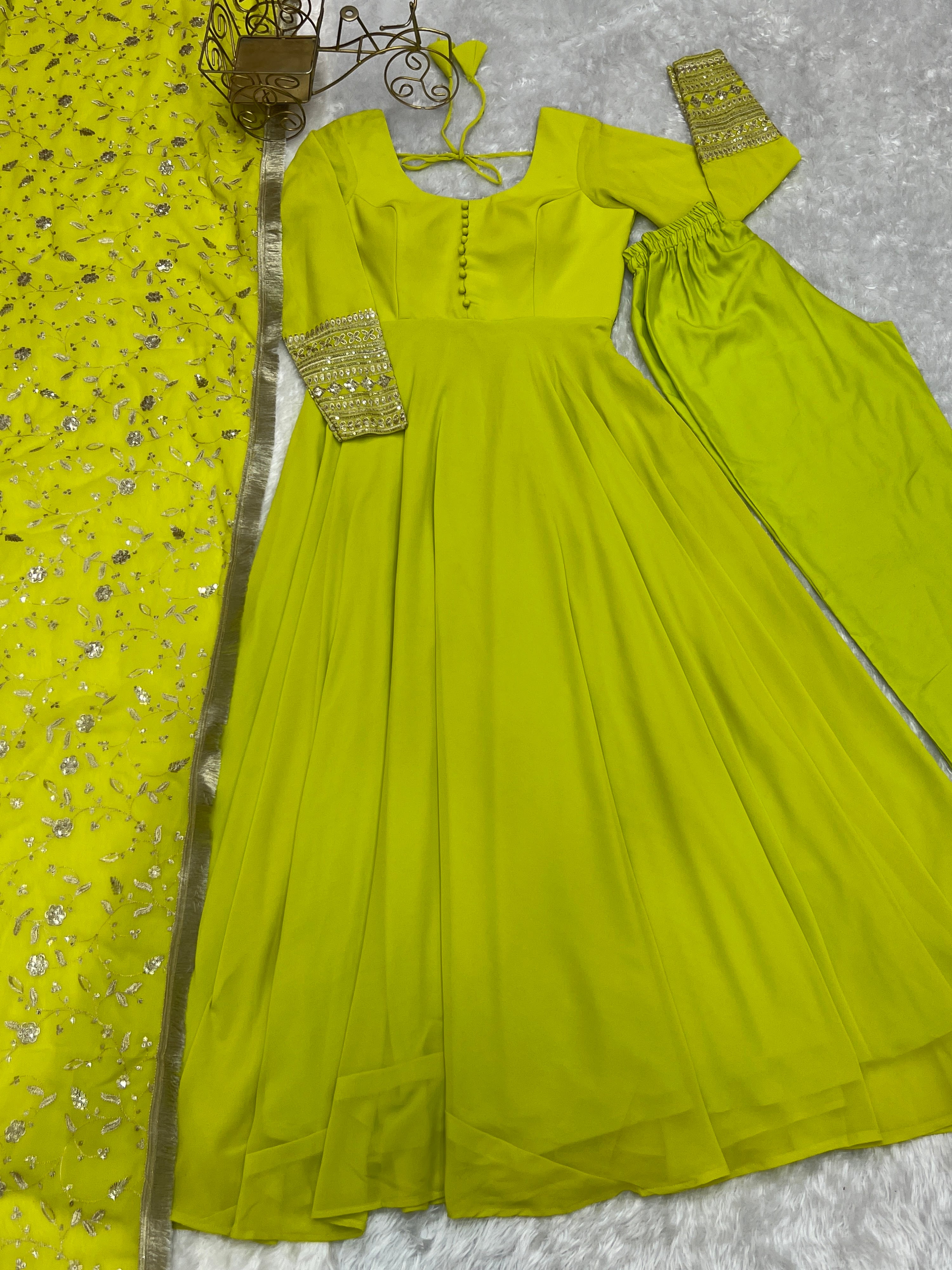 Georgette Embroidered Gown Set – Lemon Green