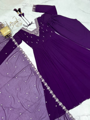 Georgette Embroidered Anarkali Set – Purple