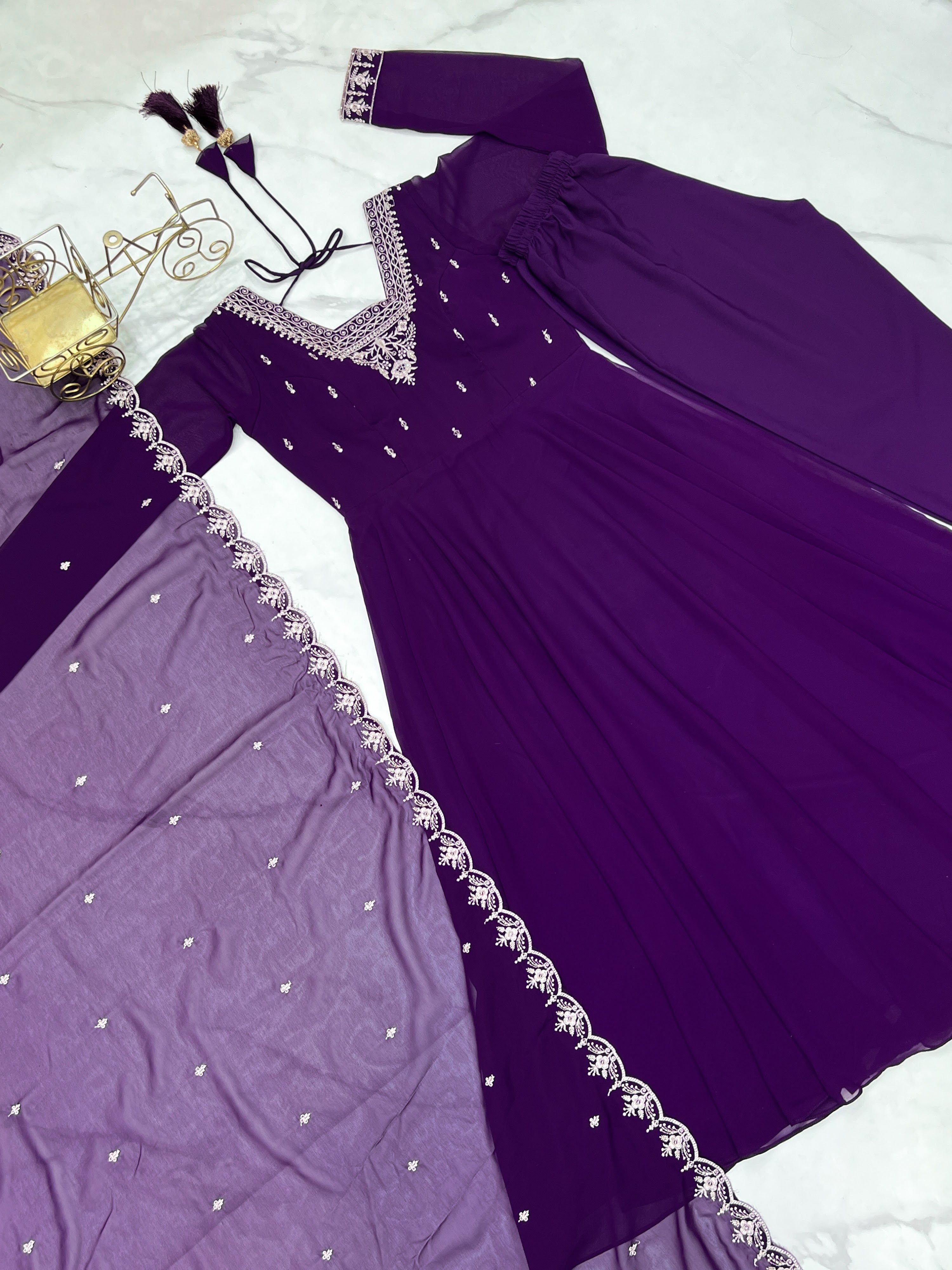 Georgette Embroidered Anarkali Set – Purple