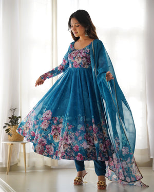 Organza Silk Printed Anarkali Set – Blue