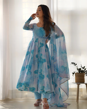 Organza Silk Printed Anarkali Set – Sky Blue