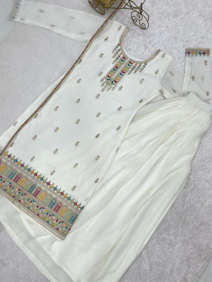 Crunchy Silk Embroidered Kurta-Sharara Set – White