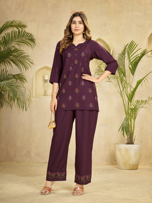 Heavy Rayon Embroidered Co-Ords Set – Wine