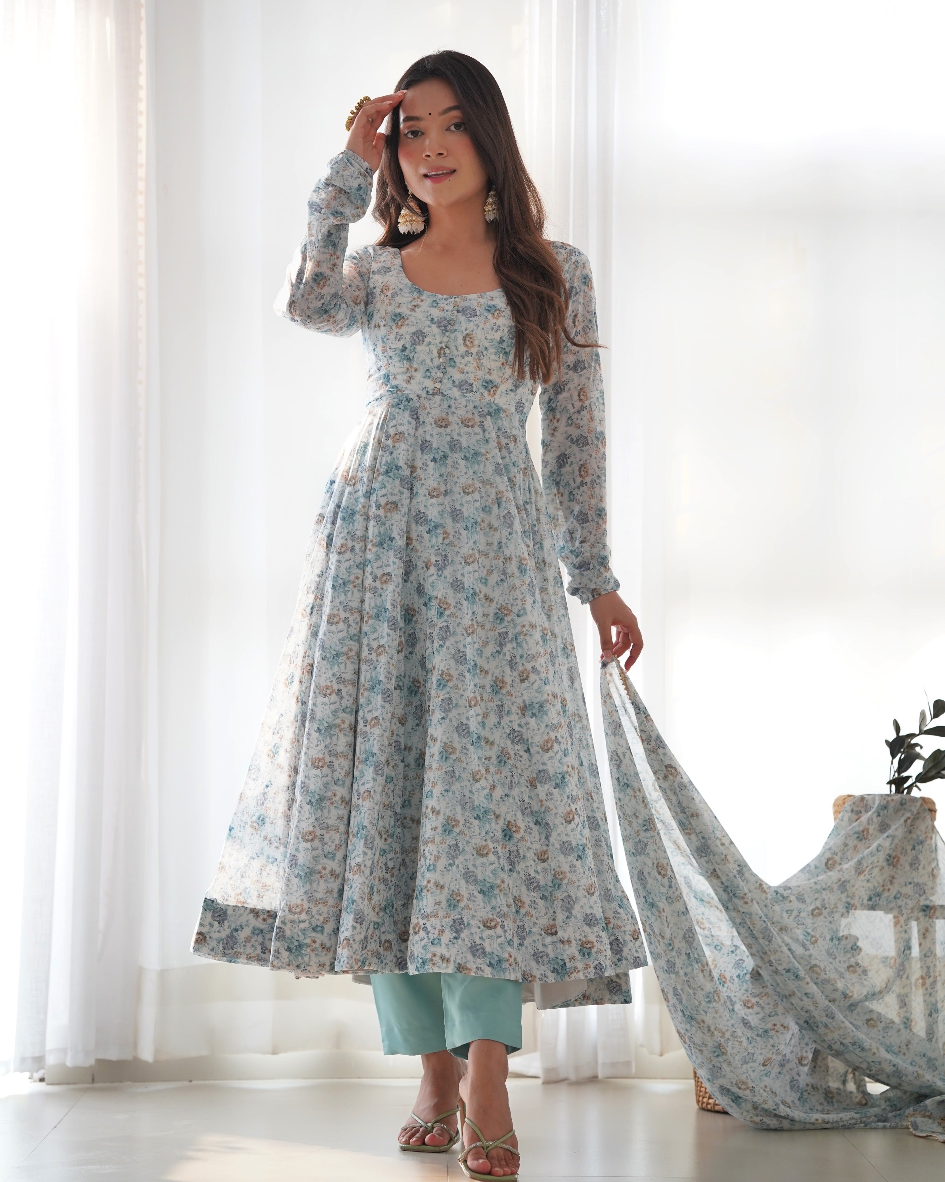 Heavy Orange Chiffon Floral Print Printed Anarkali Set – White Blue