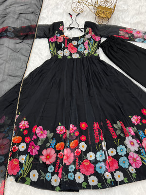 Organza Silk Printed Anarkali Set – Black