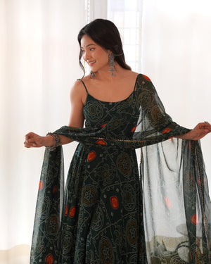 Soft Lightweight Chiffon Bandhej Embroidered Gown Set – Bottle Green