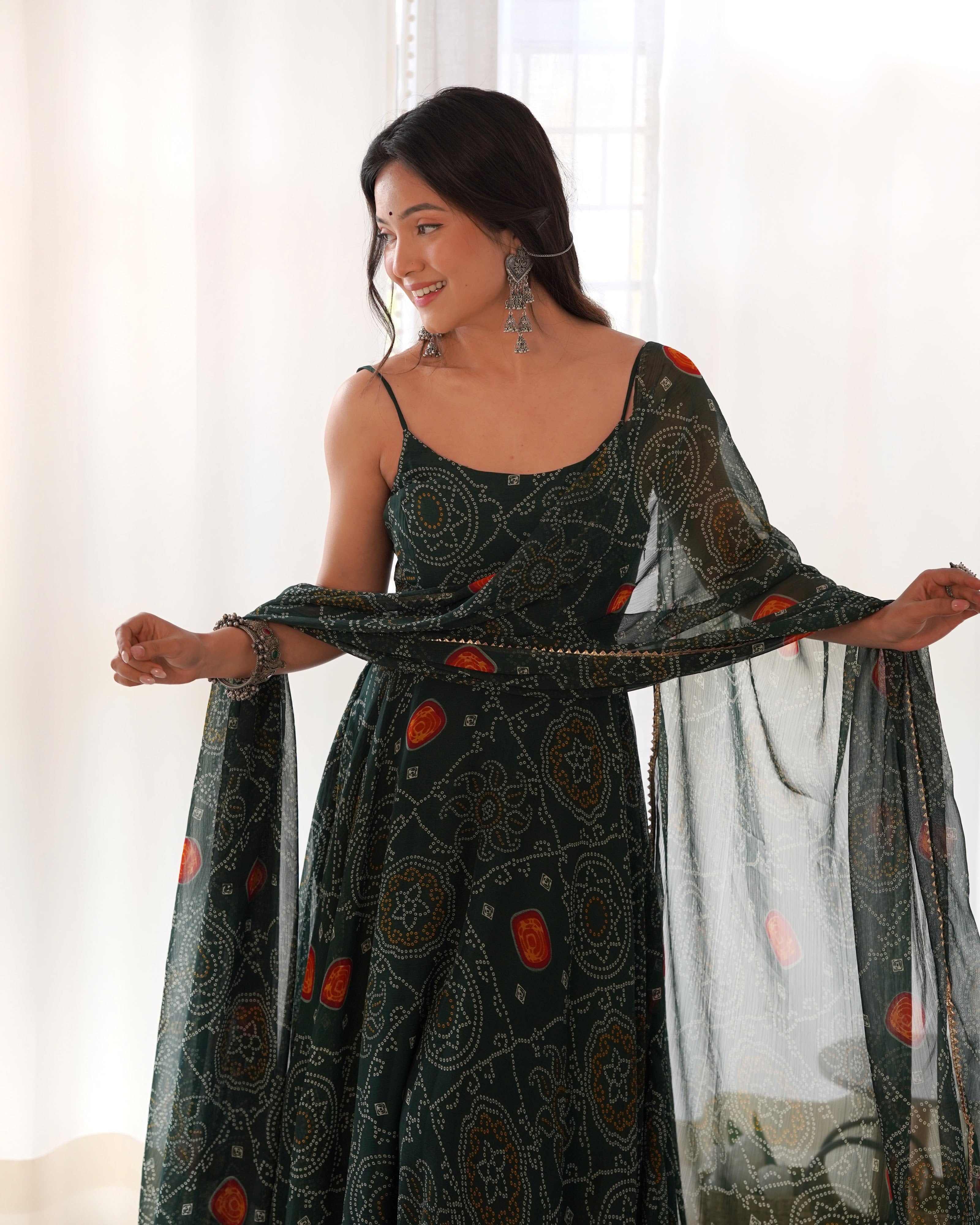 Soft Lightweight Chiffon Bandhej Embroidered Gown Set – Bottle Green