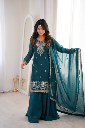 Crunchy Silk Embroidered Sharara Set – Teal Blue