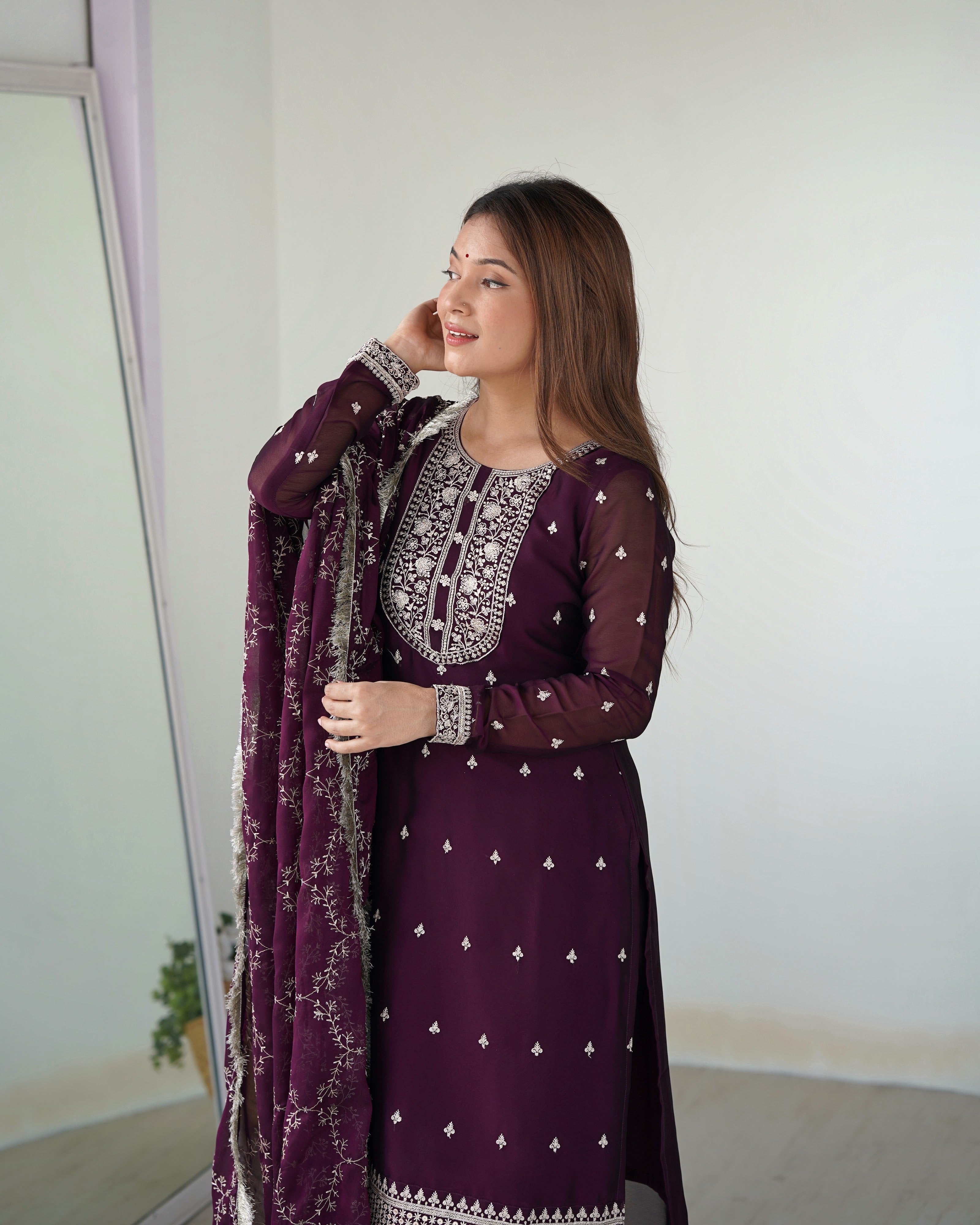 Rangoli Silk Embroidered Straight Kurta Set – Wine