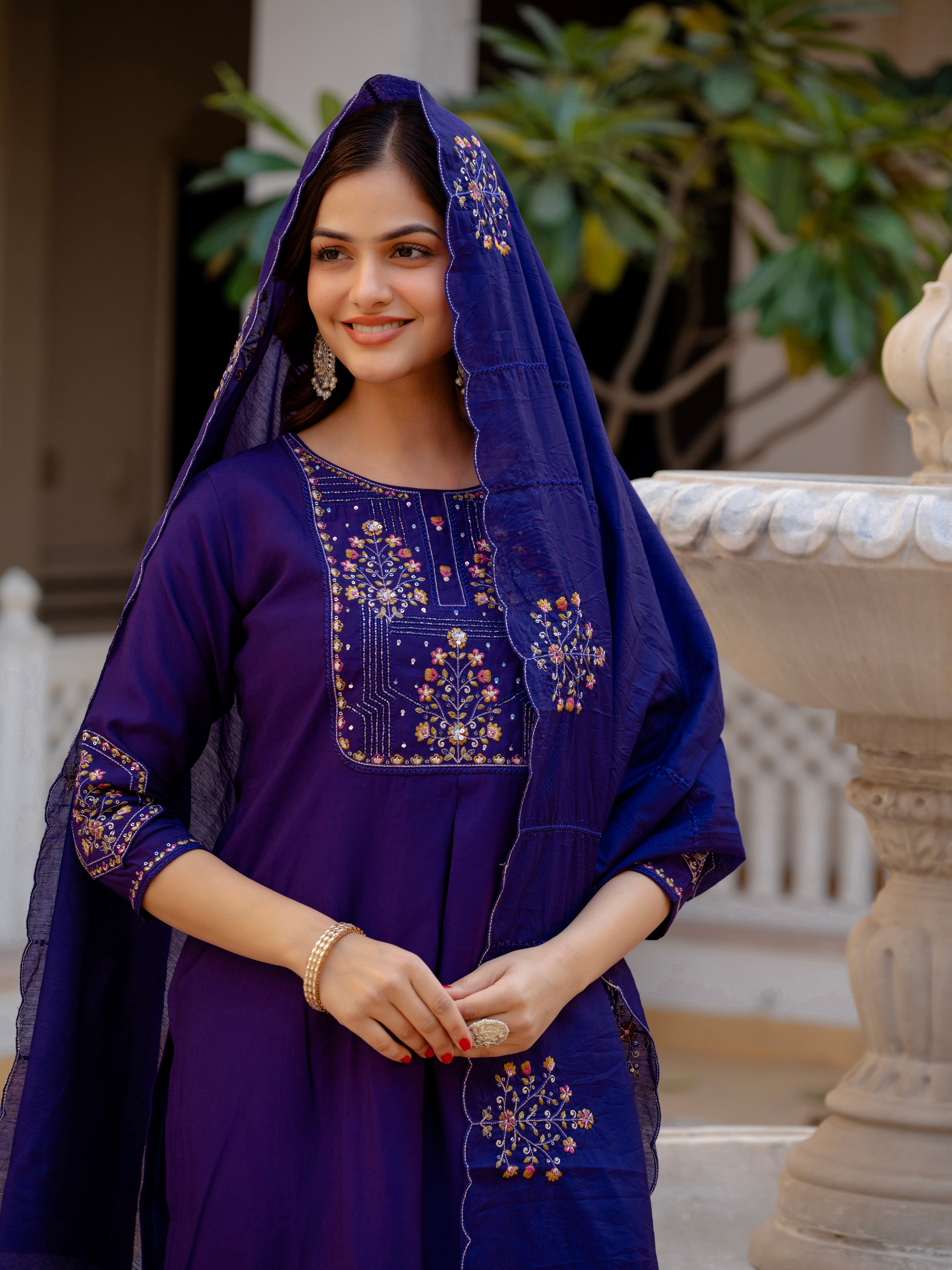 Pure Viscose Mango Silk Embroidered Straight Kurti Set – Violet