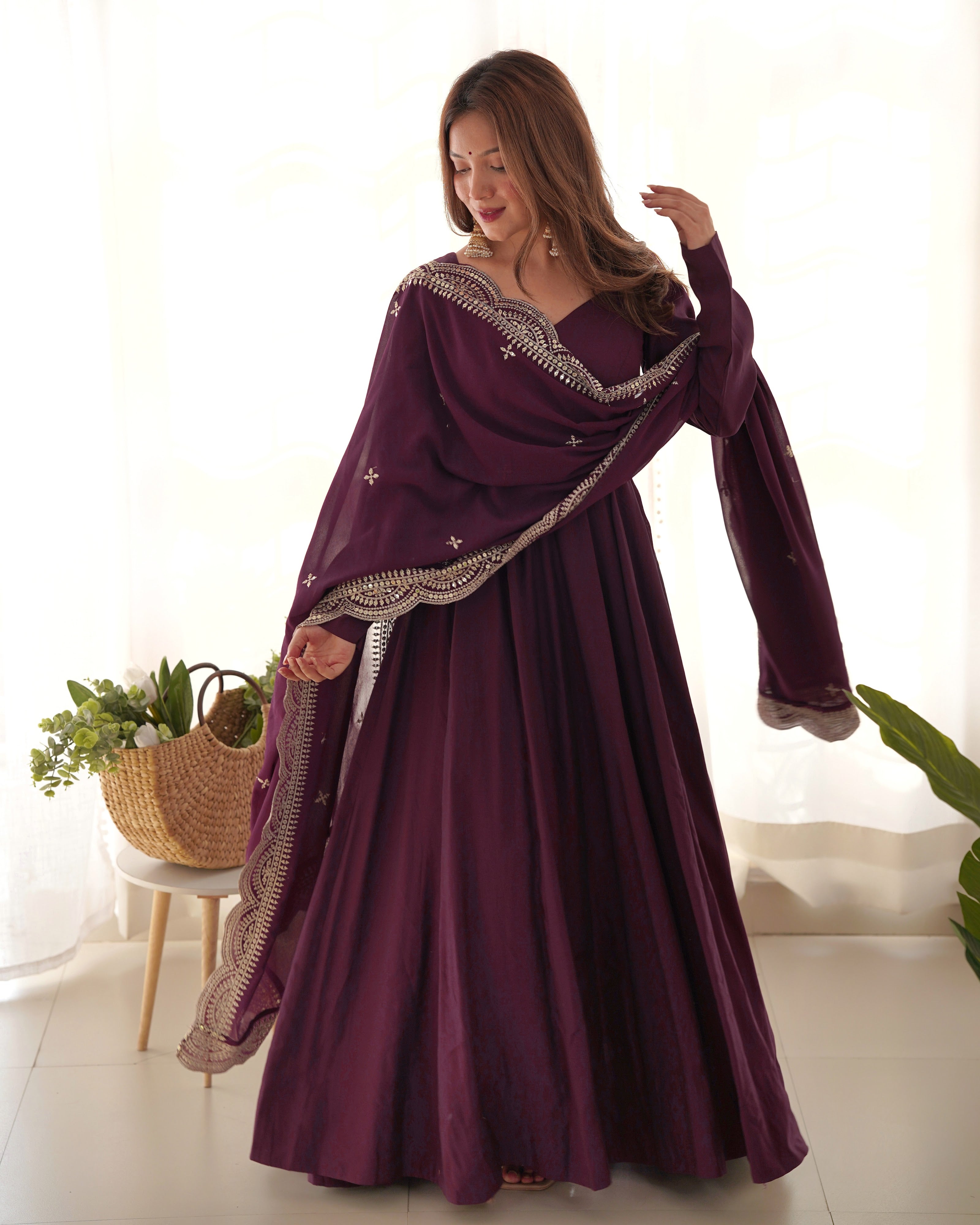 Roman Chanderi Silk Embroidered Anarkali Set – Wine