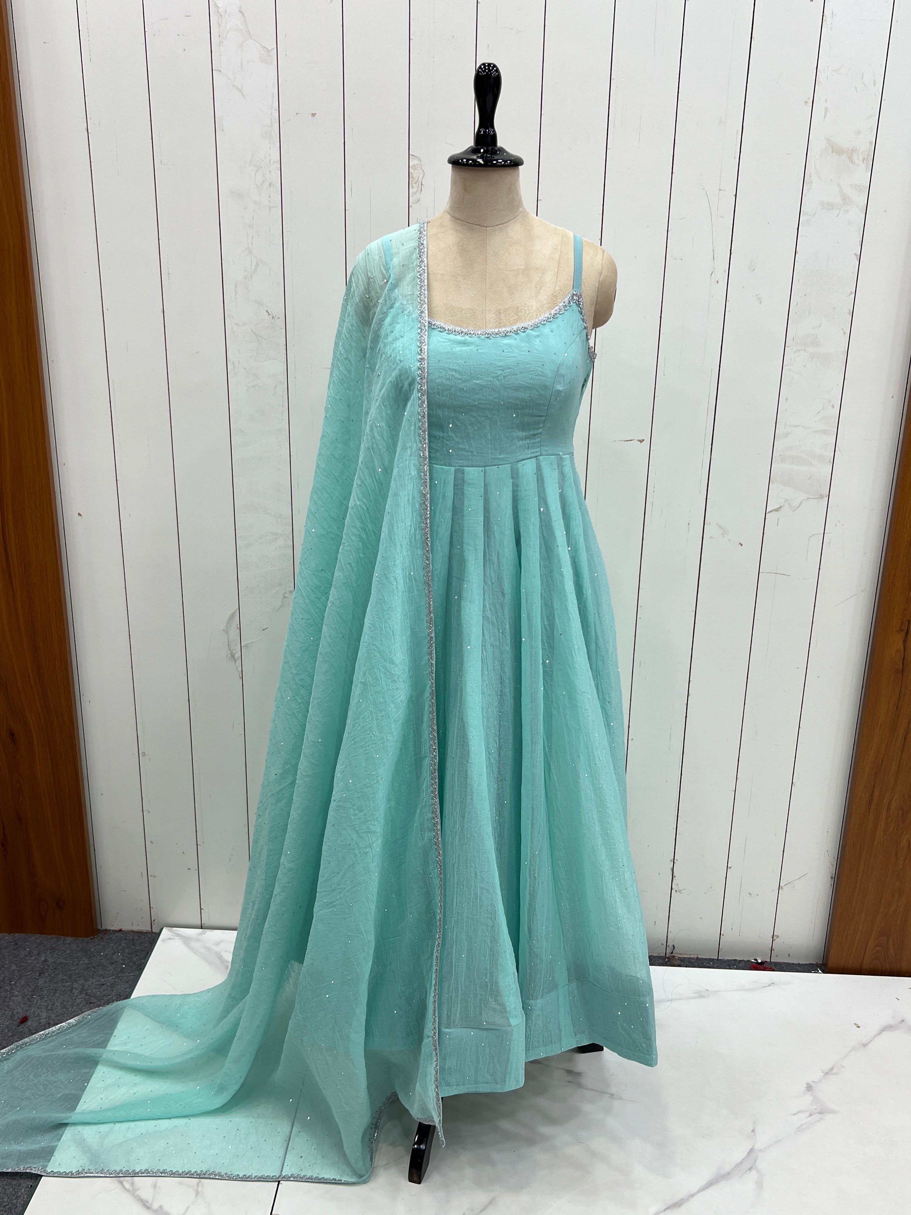 Crunchy Silk Embroidered Anarkali Set – Aqua Blue