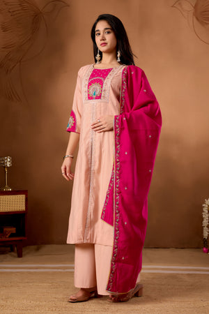 Roman Silk Embroidered Anarkali Kurti Set – Peach