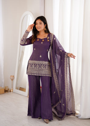 Crunchy Silk Embroidered Bell Bottom Set – Purple