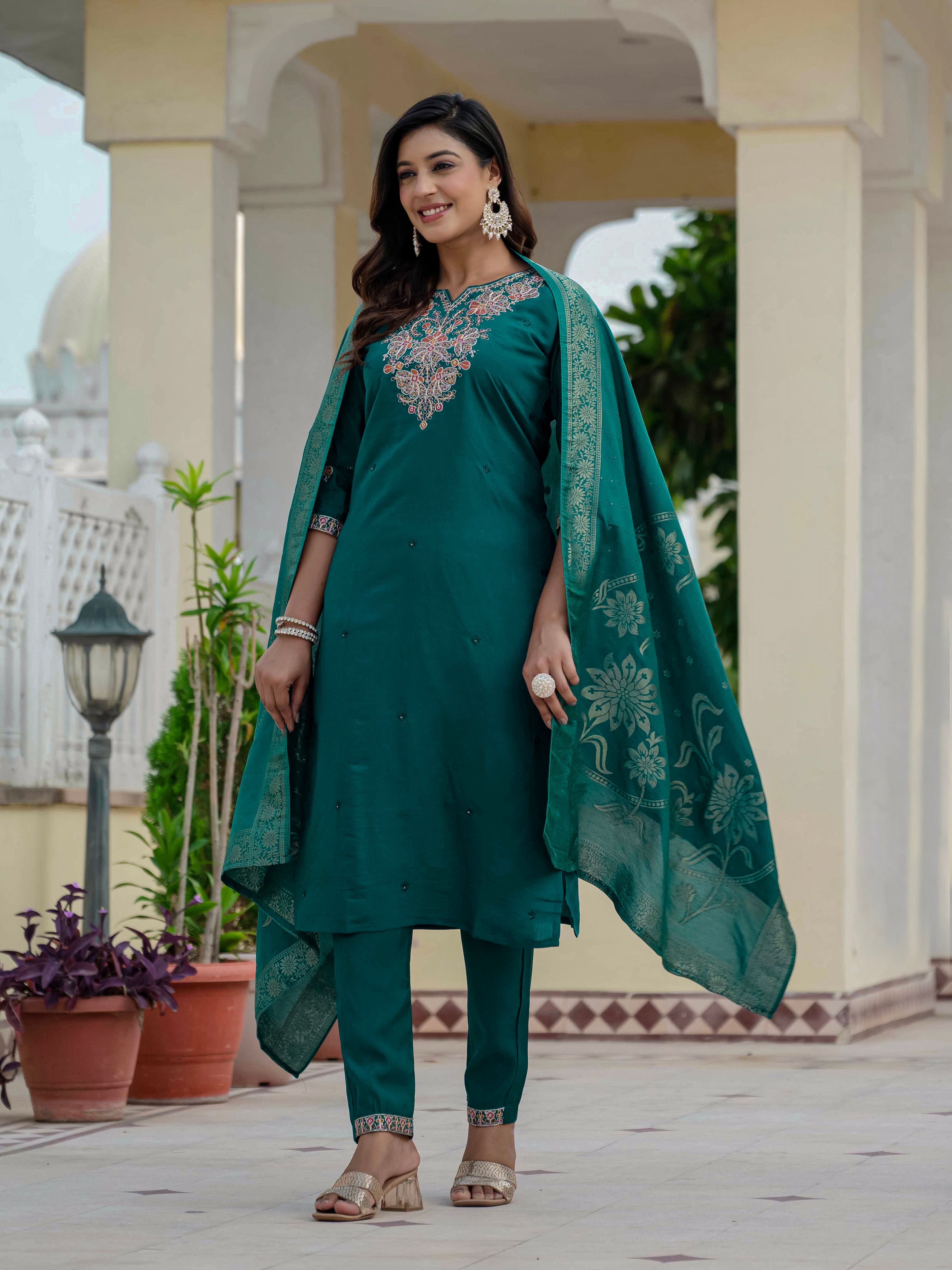 Premium Roman Silk Embroidered Straight Kurti Set – Rama Green