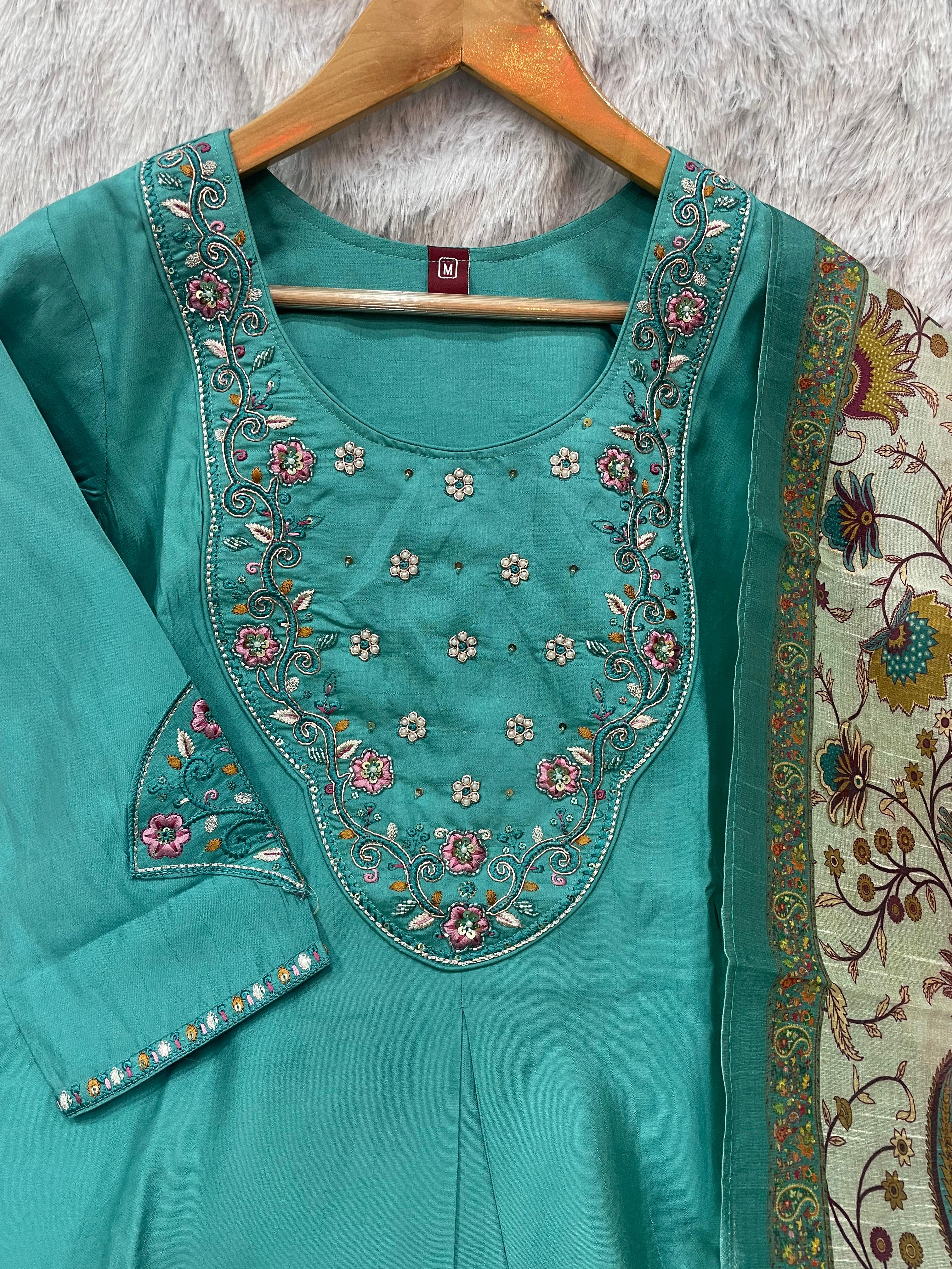 Premium Marina Silk Embroidered Straight Kurti Set – See Green