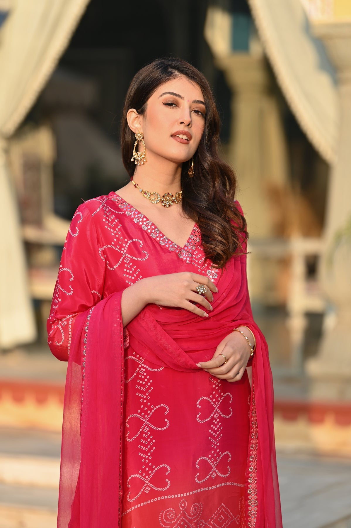 Chinon Silk Printed Kurta Pant Dupatta Set – Peach