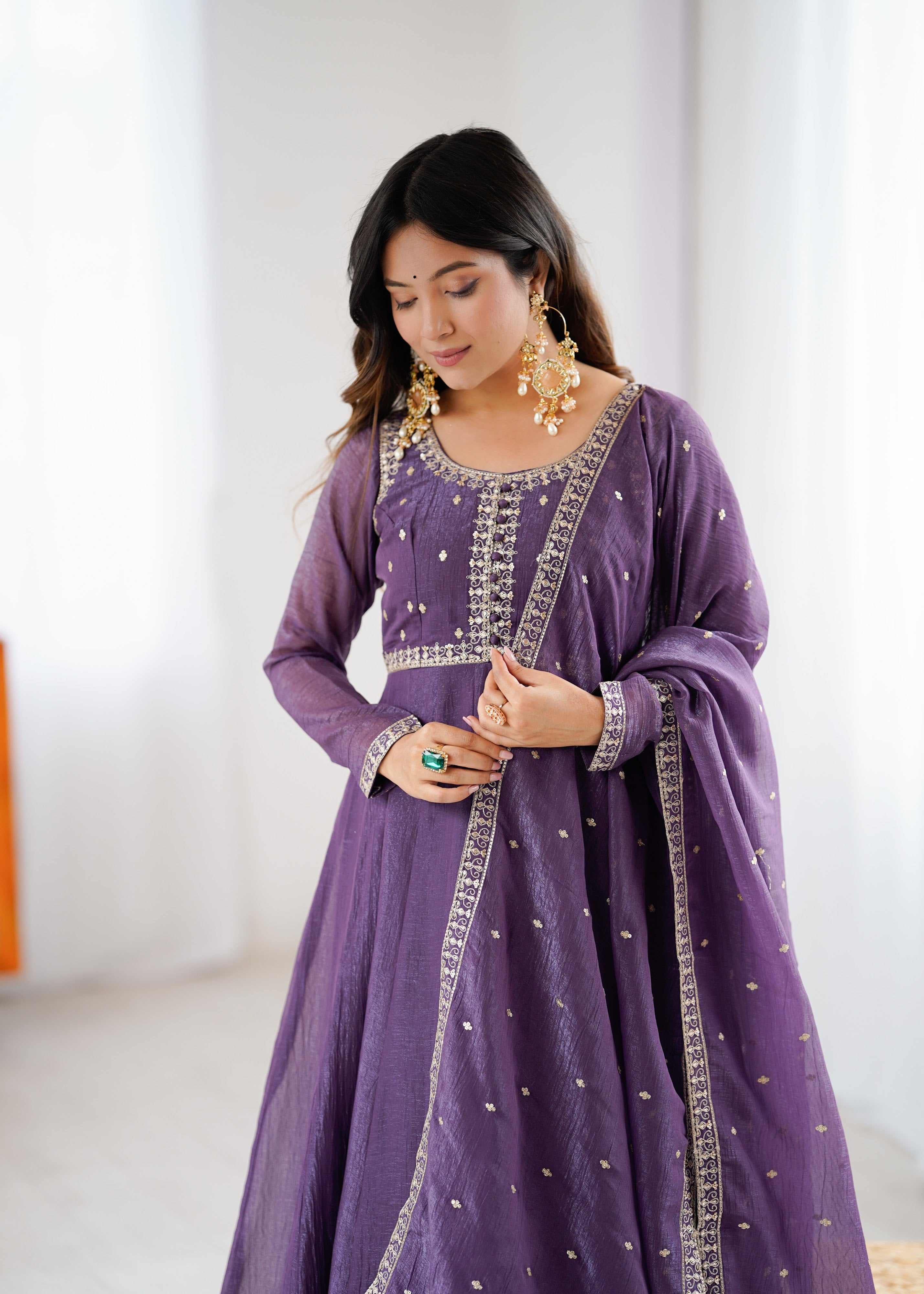 Crunchy Silk Embroidered Gown Set – Purple