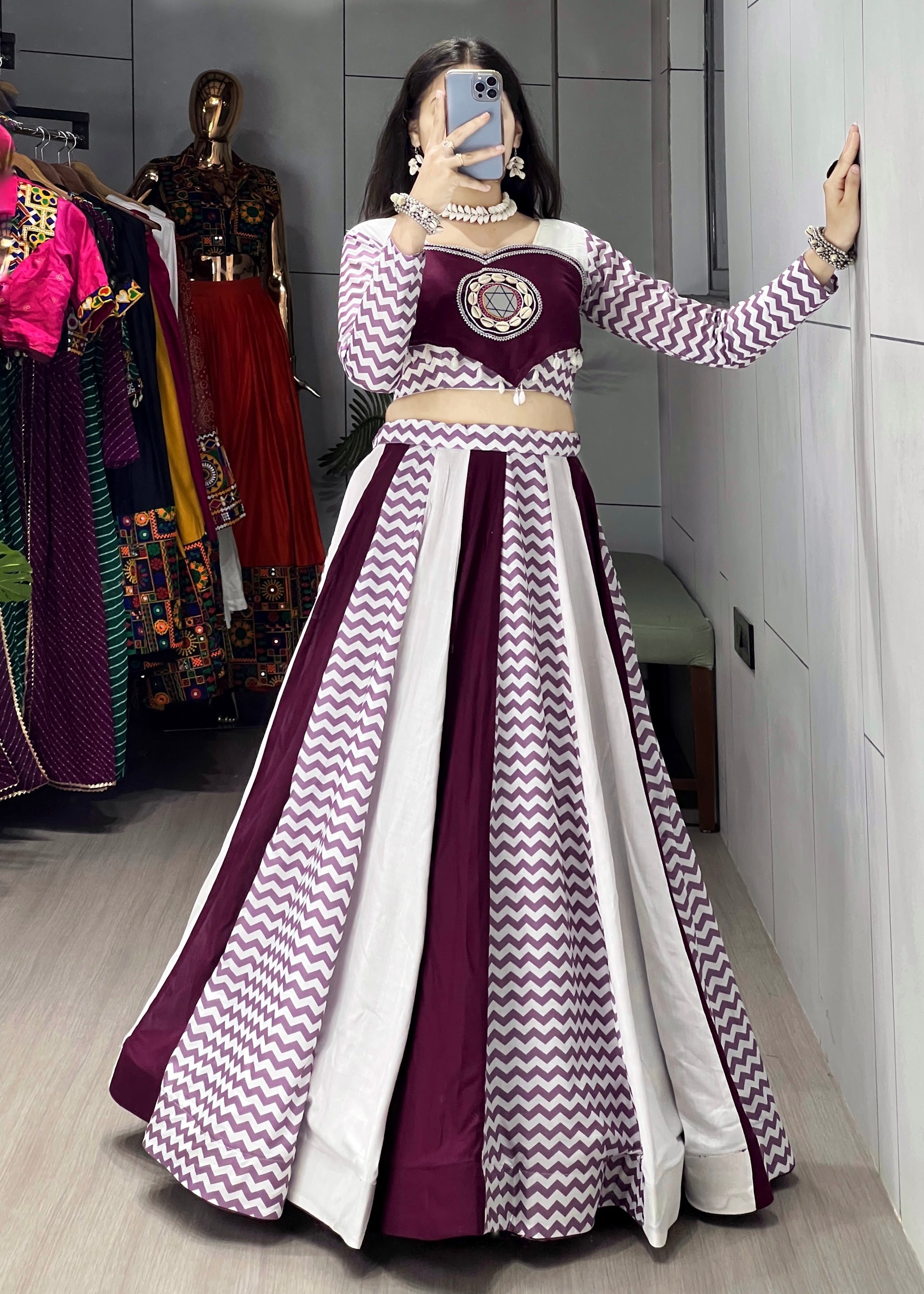 Navratri Wine White Jogni Lehenga Set