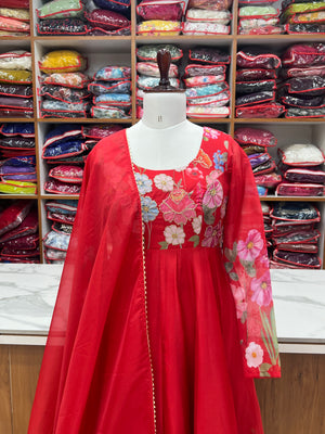 Organza Silk Printed Anarkali Set – Red