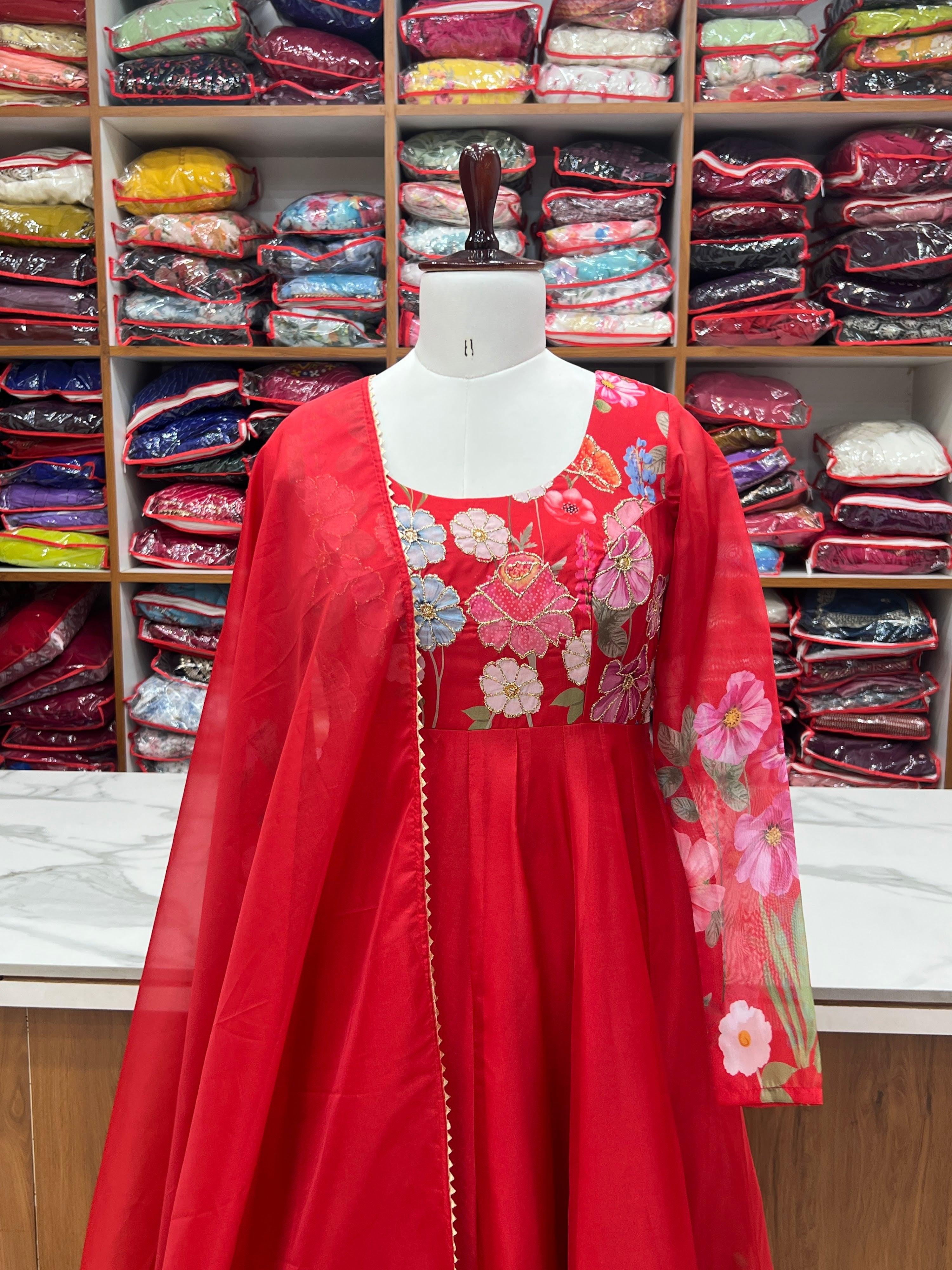 Organza Silk Printed Anarkali Set – Red