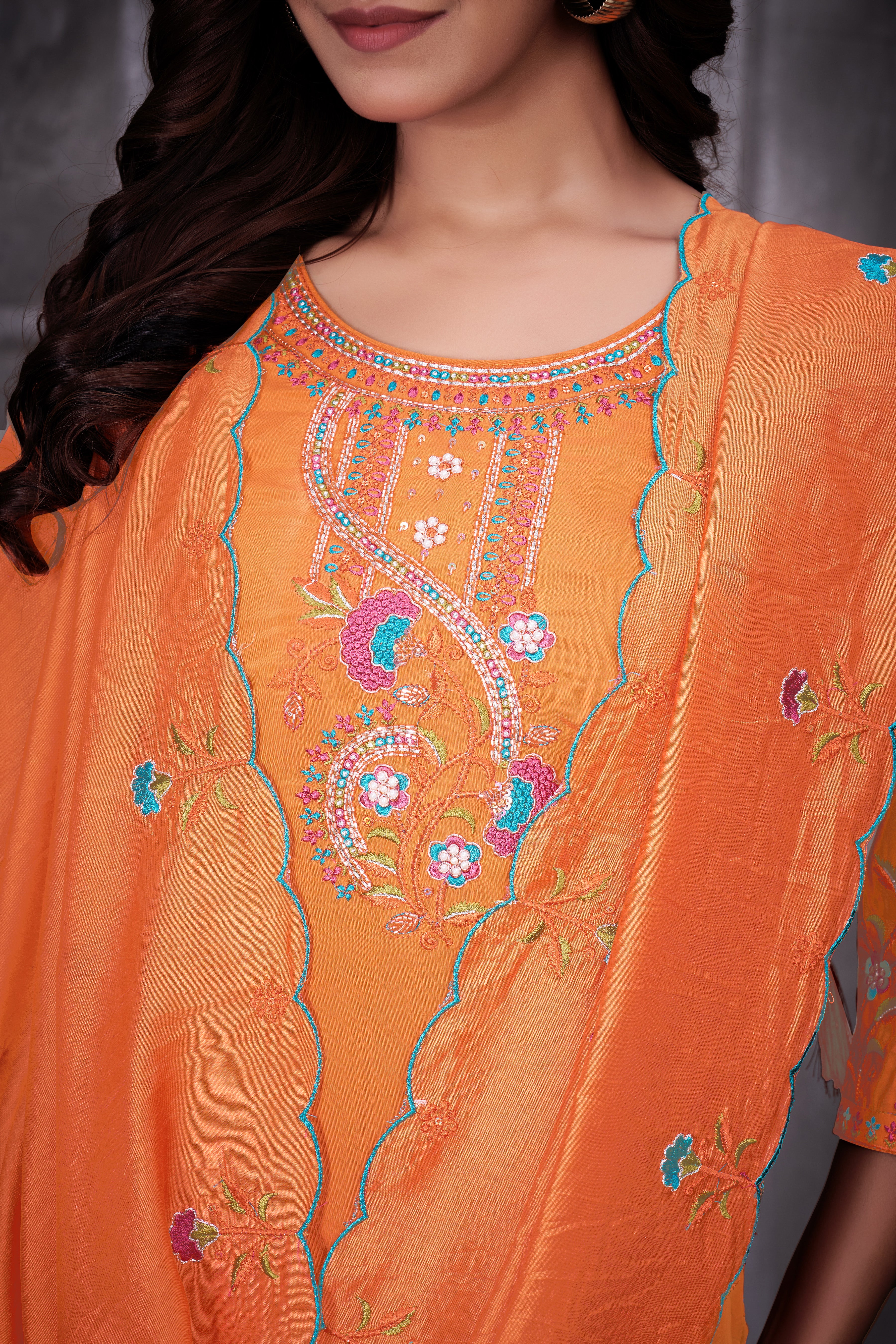 Roman Silk Embroidered Straight Kurti Set – Orange