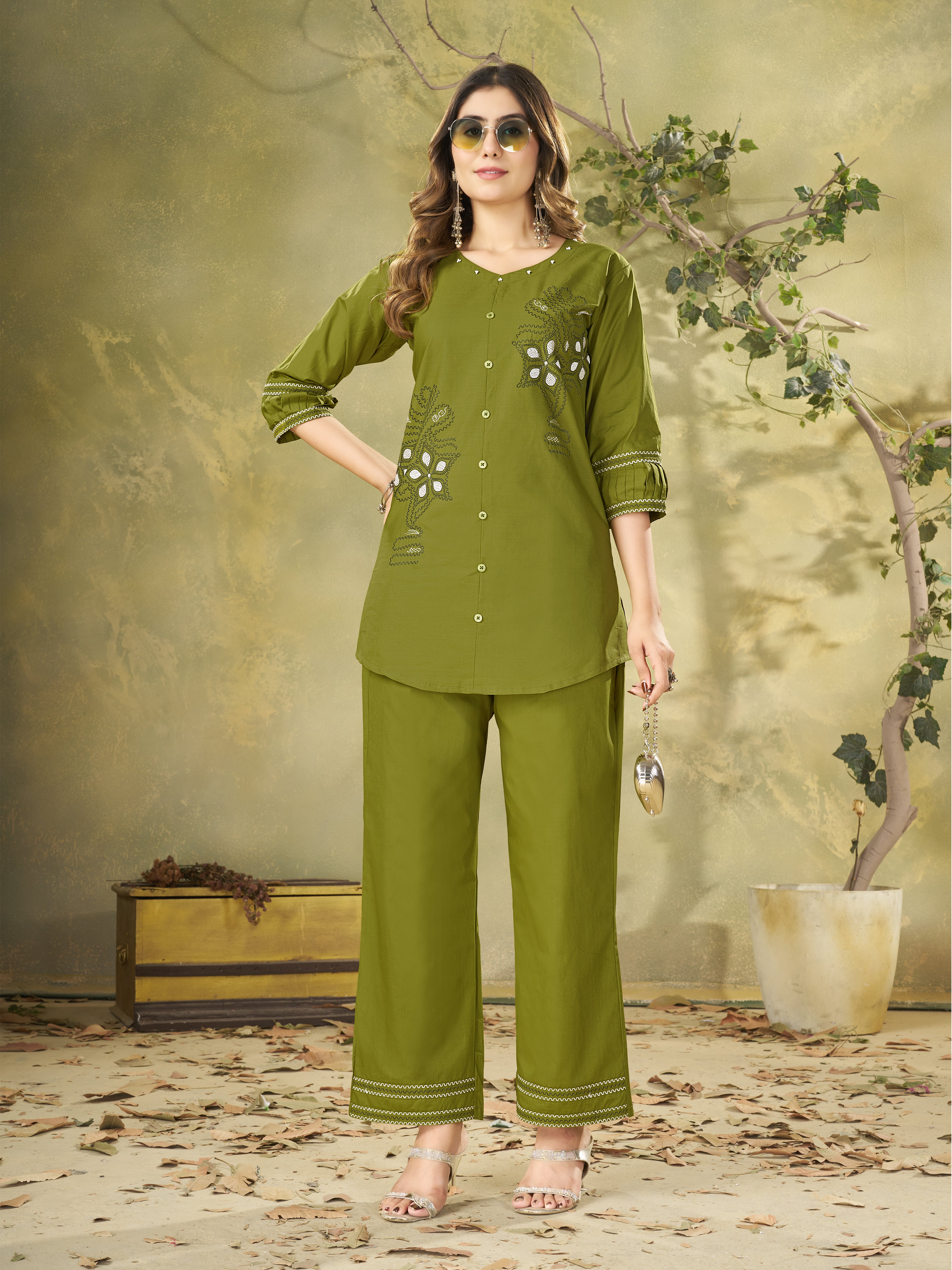 Pure Cotton Embroidered Co-Ords Set – Mehendi
