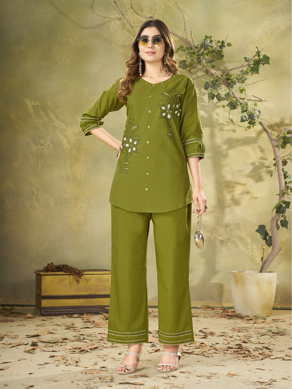 Pure Cotton Embroidered Co-Ords Set – Mehendi