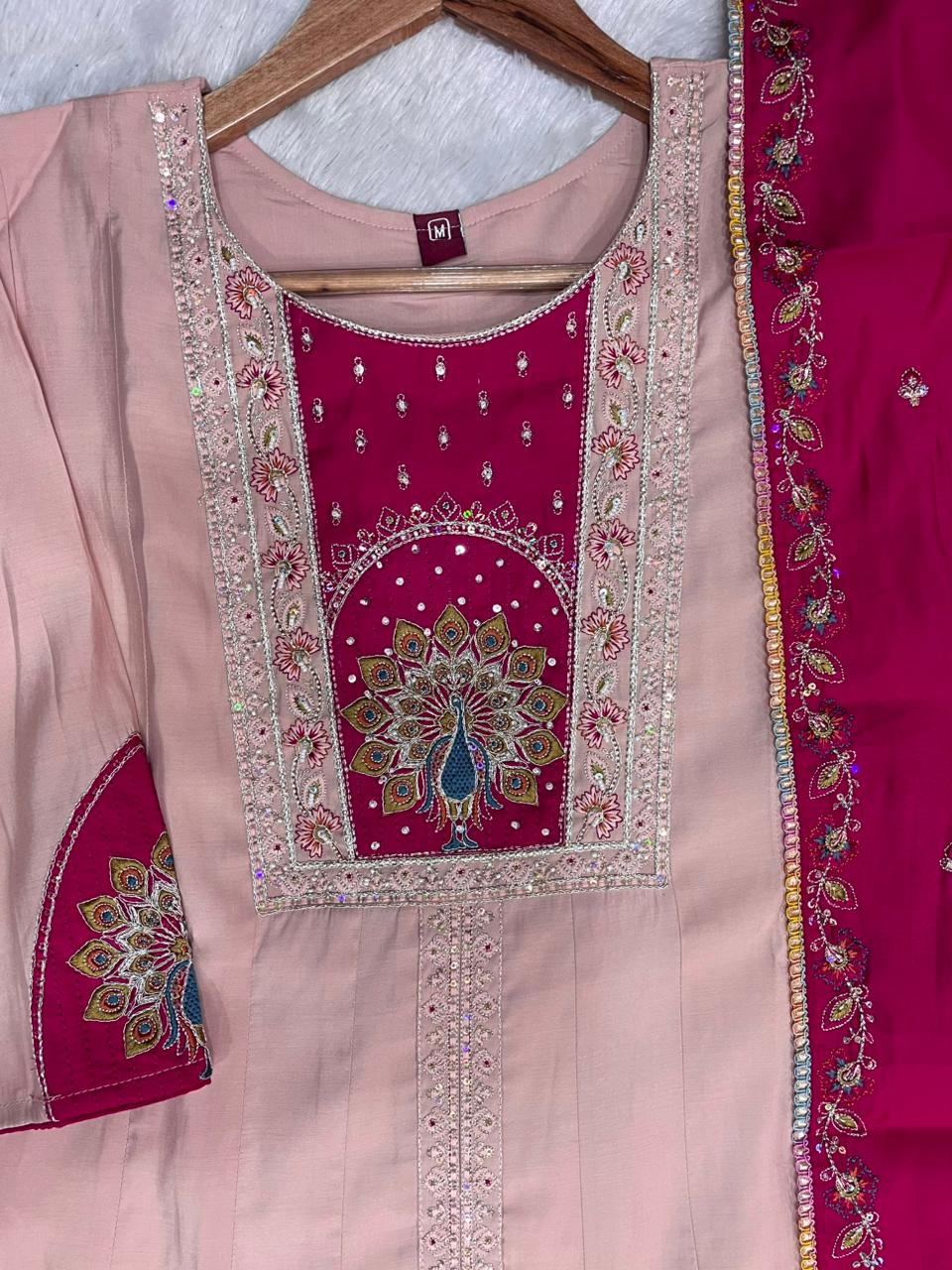 Roman Silk Embroidered Anarkali Kurti Set – Peach