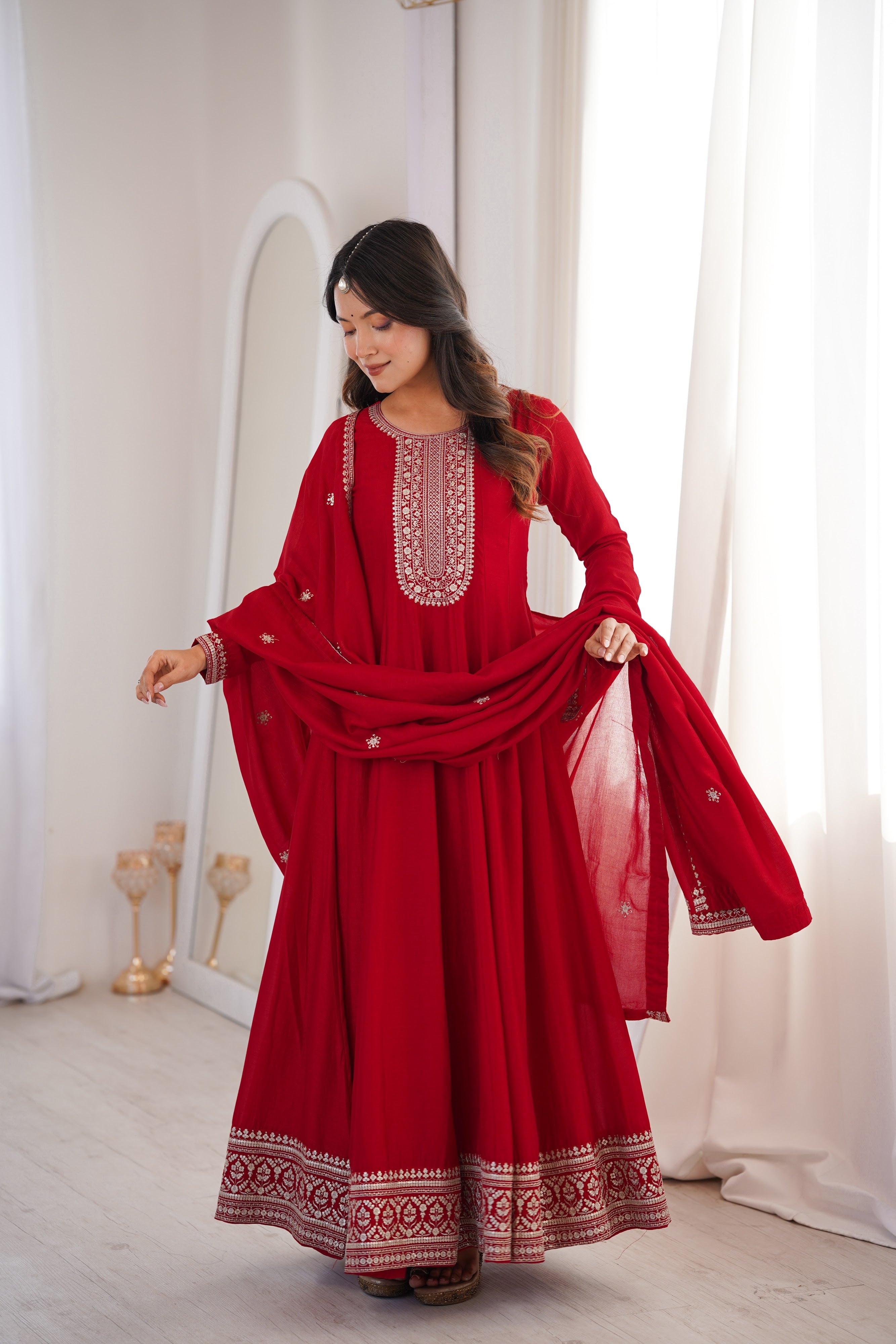 Vichitra Silk Embroidered Gown Set – Dark Red