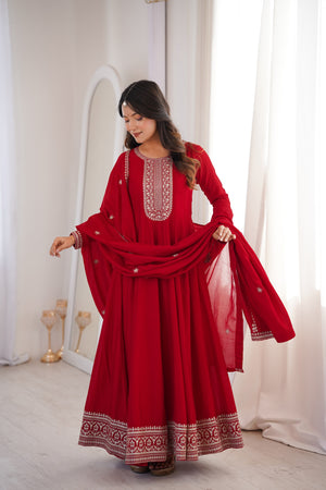 Vichitra Silk Embroidered Gown Set – Dark Red
