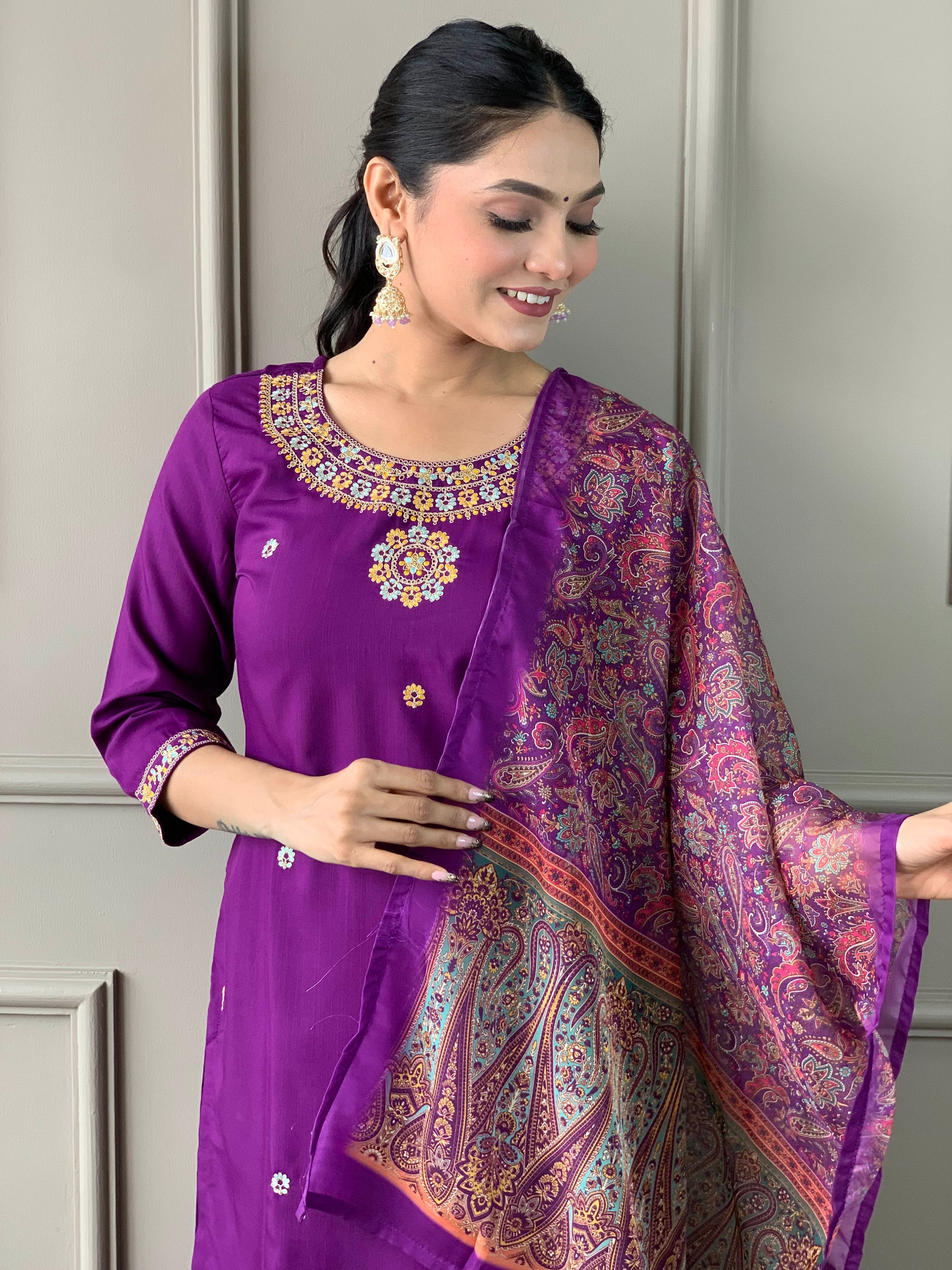 Rayon Slub Embroidered Kurta Pant Dupatta Set – Purple