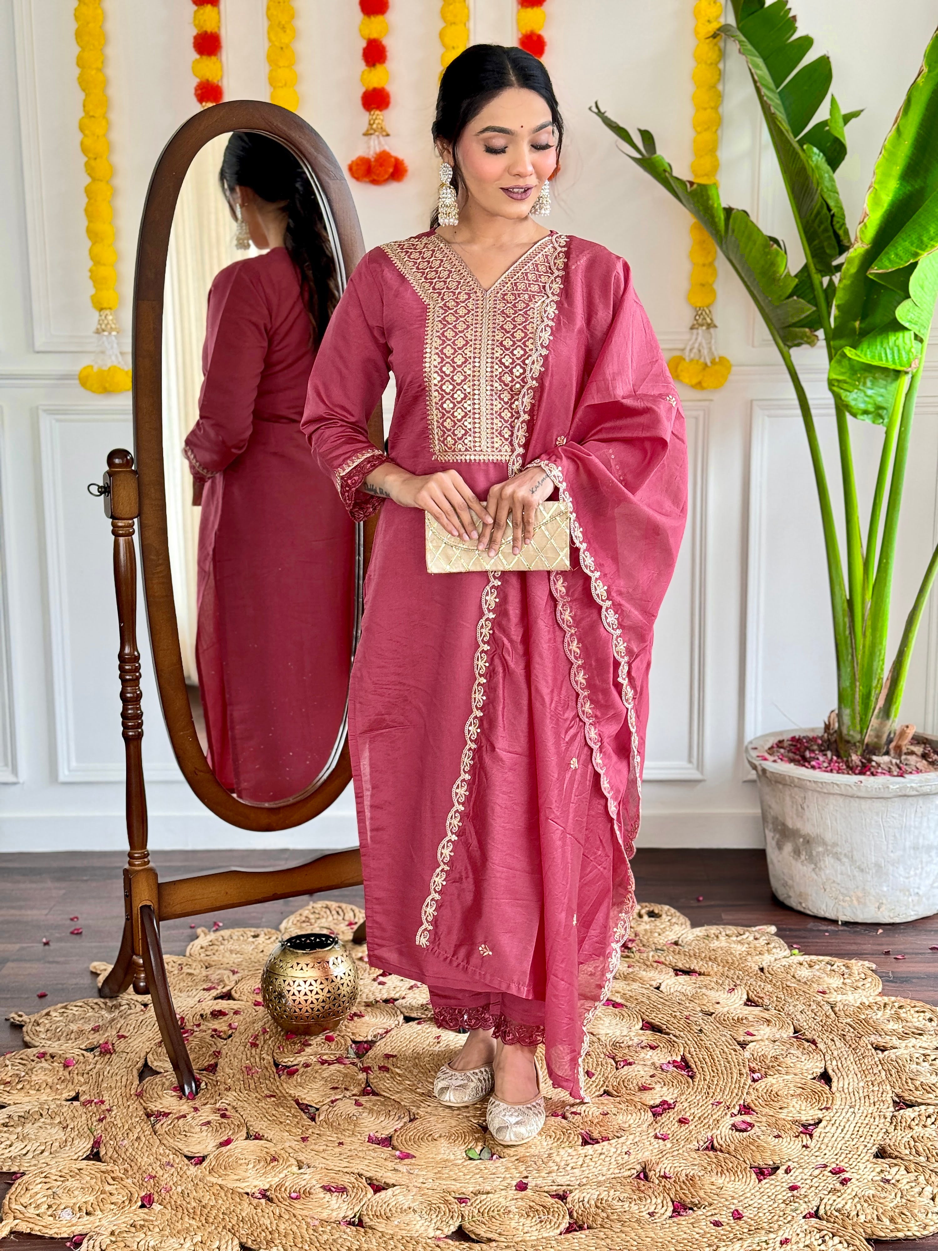 Viscose Chanderi Embroidered Kurta Pant Dupatta Set – Dusty Rose
