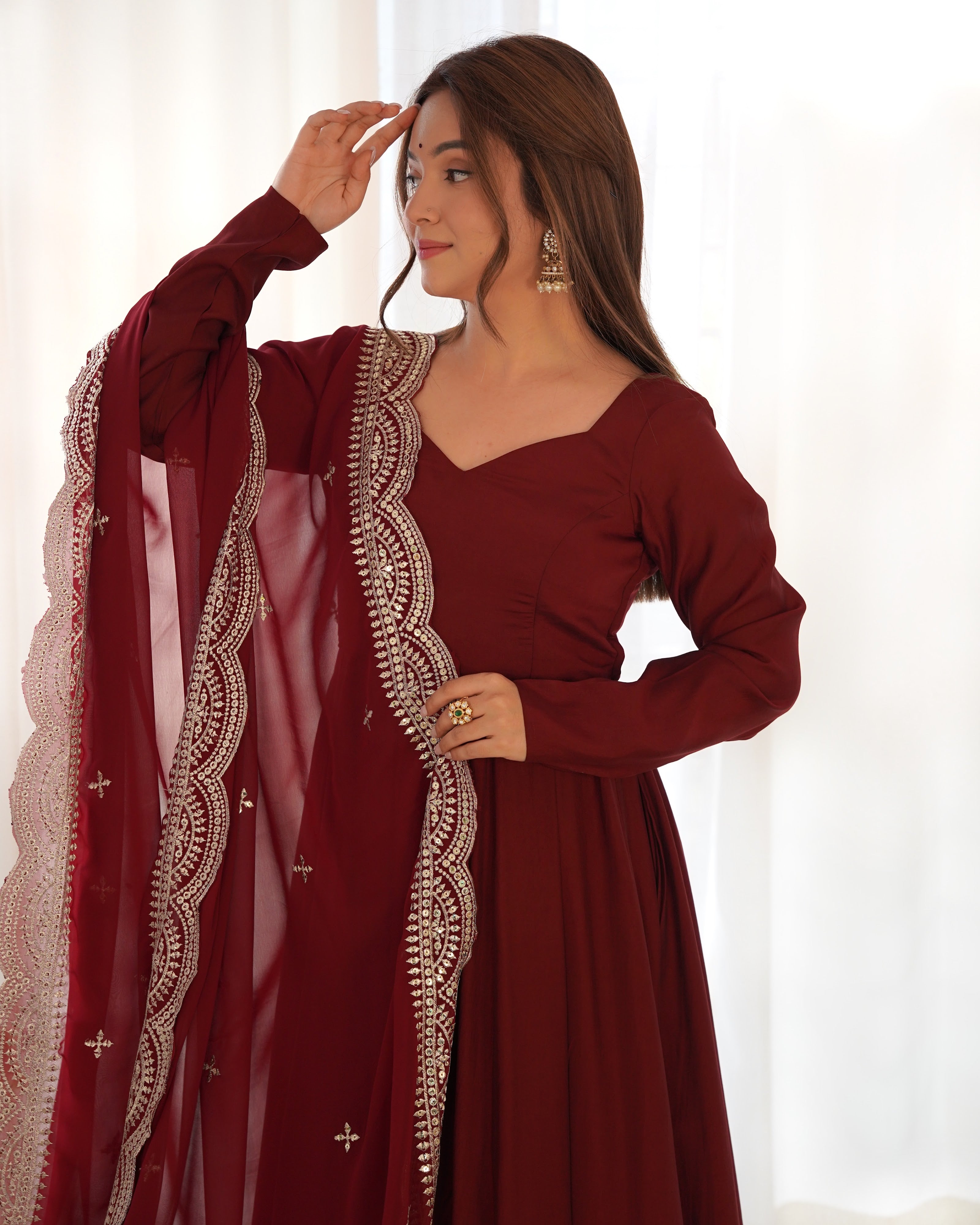 Roman Chanderi Silk Embroidered Anarkali Set – Maroon