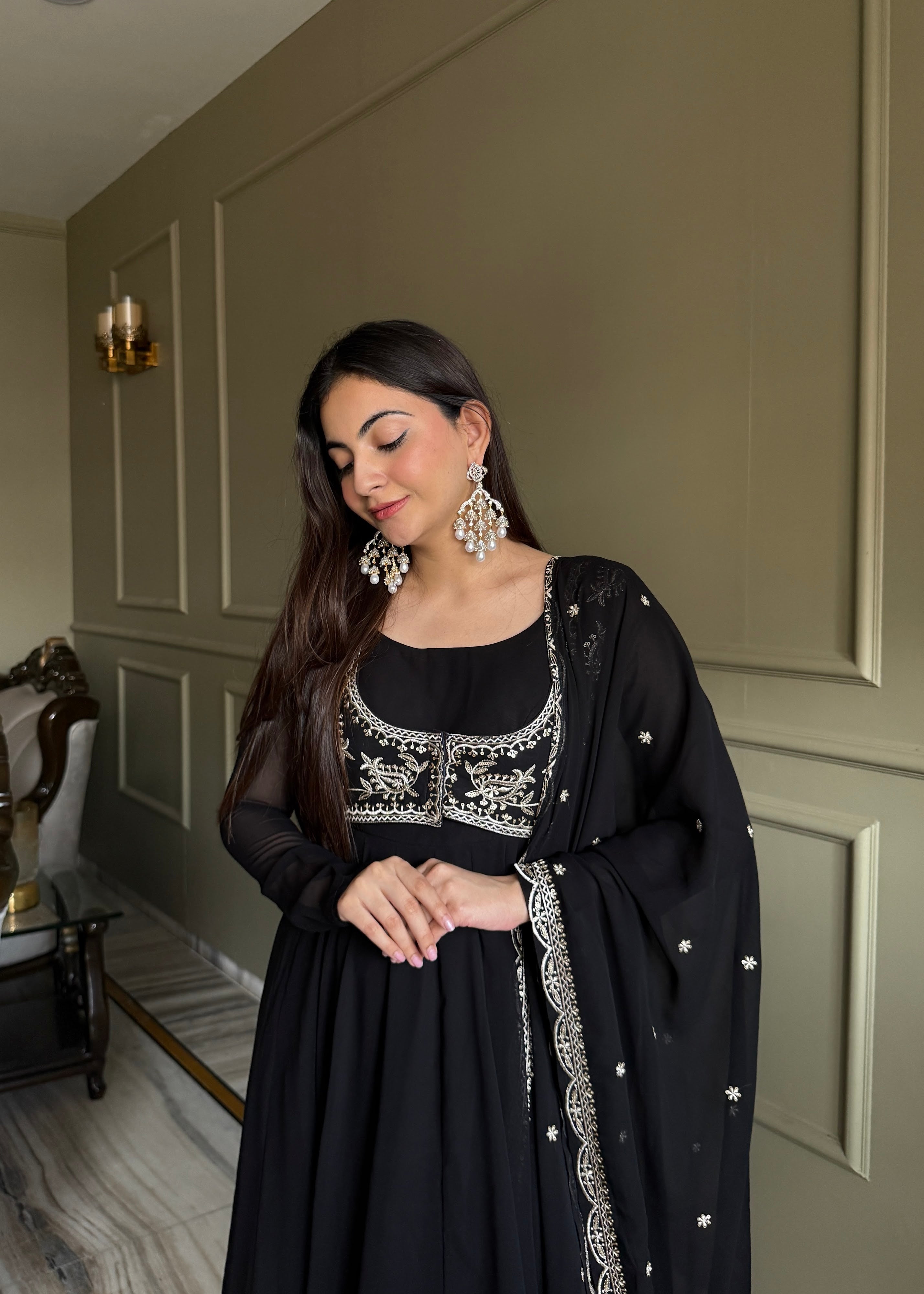 Georgette Embroidered Anarkali Set – Black