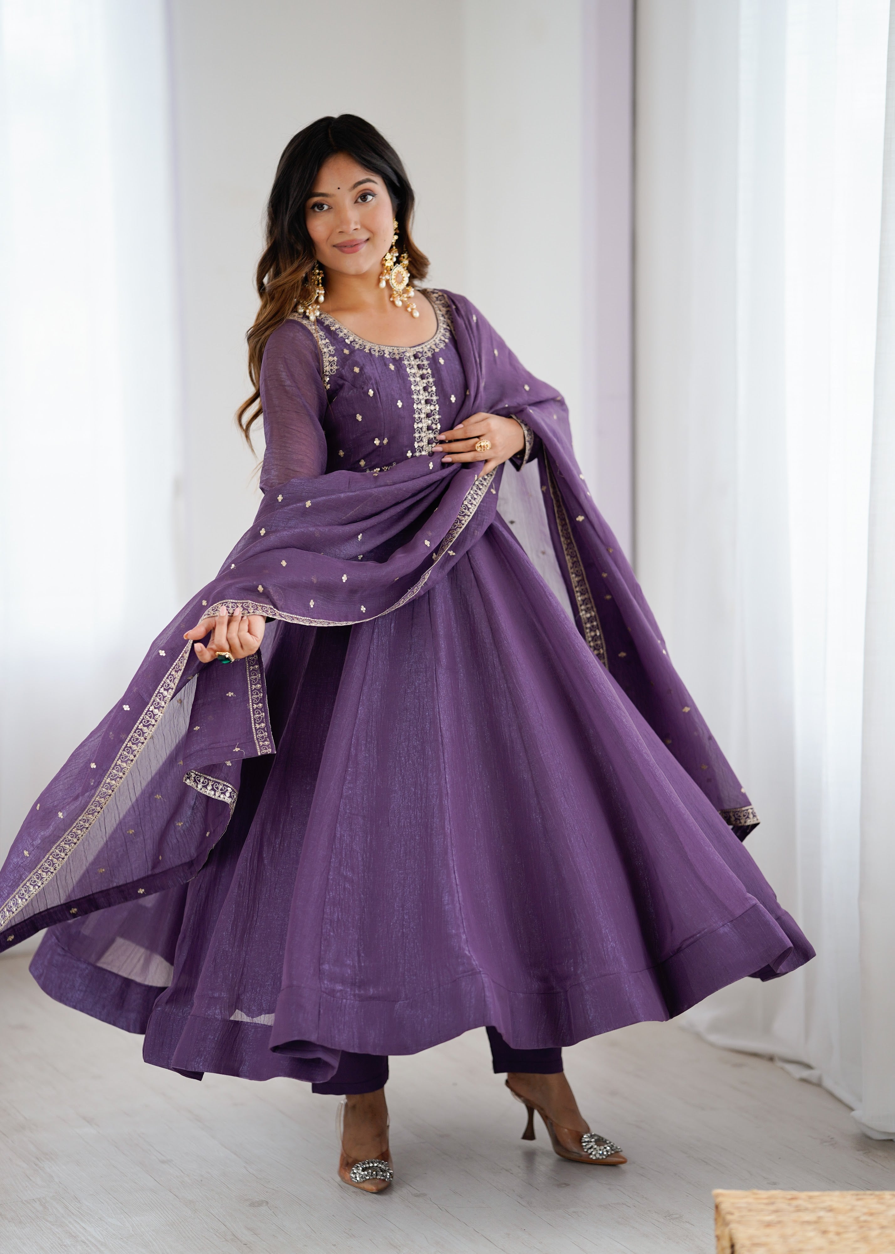 Crunchy Silk Embroidered Gown Set – Purple