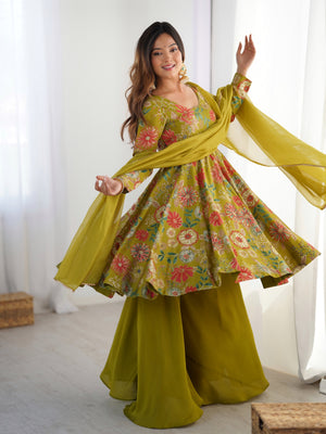 Roman Chanderi Silk Printed Kurta-Palazzo Set – Mehndi Green