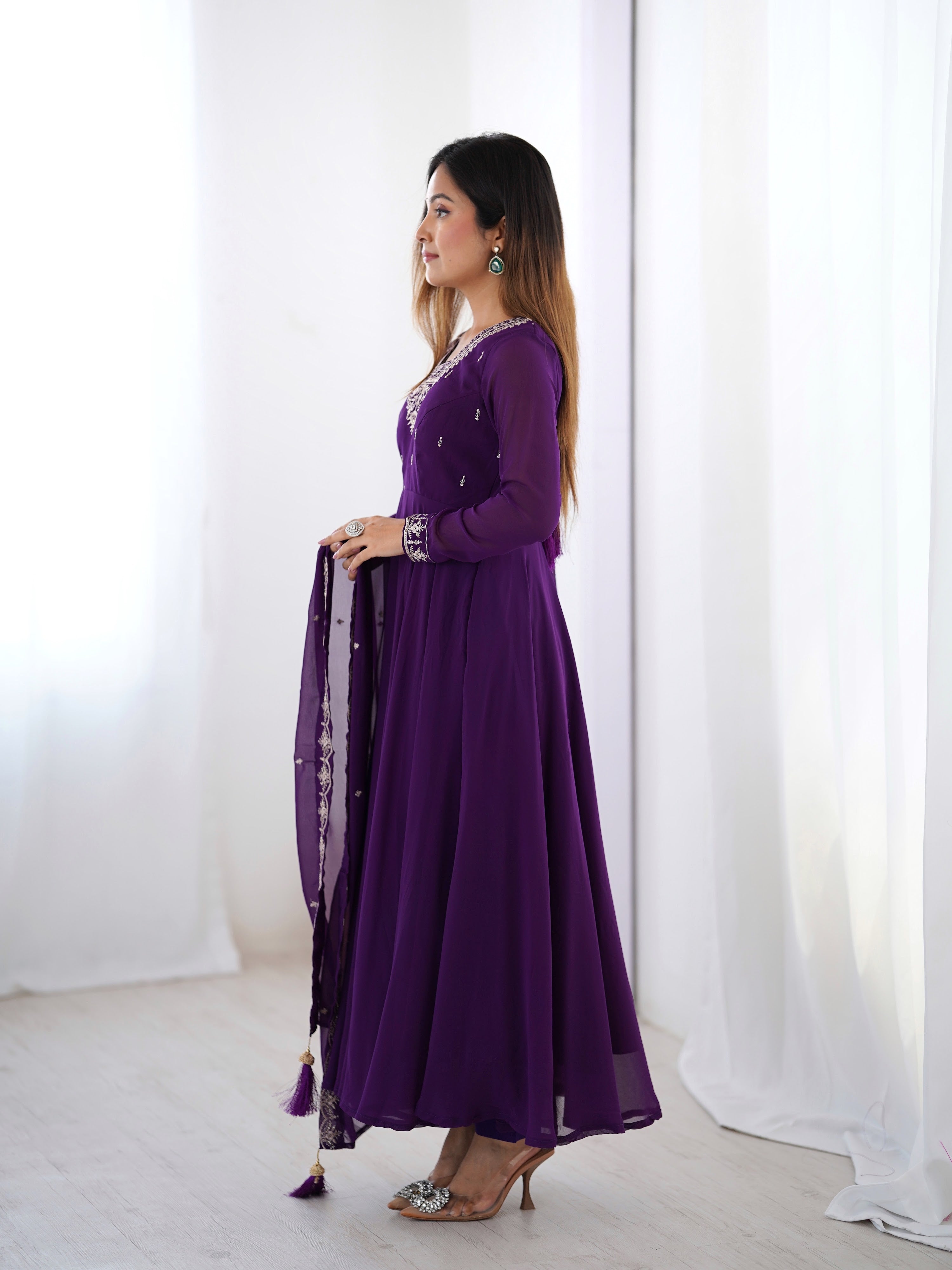 Georgette Embroidered Anarkali Set – Purple