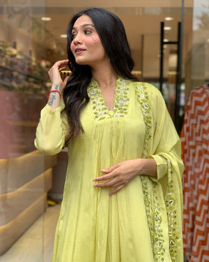 Viscose Chinon Embroidered Kurta Pant Dupatta Set – Lime Green
